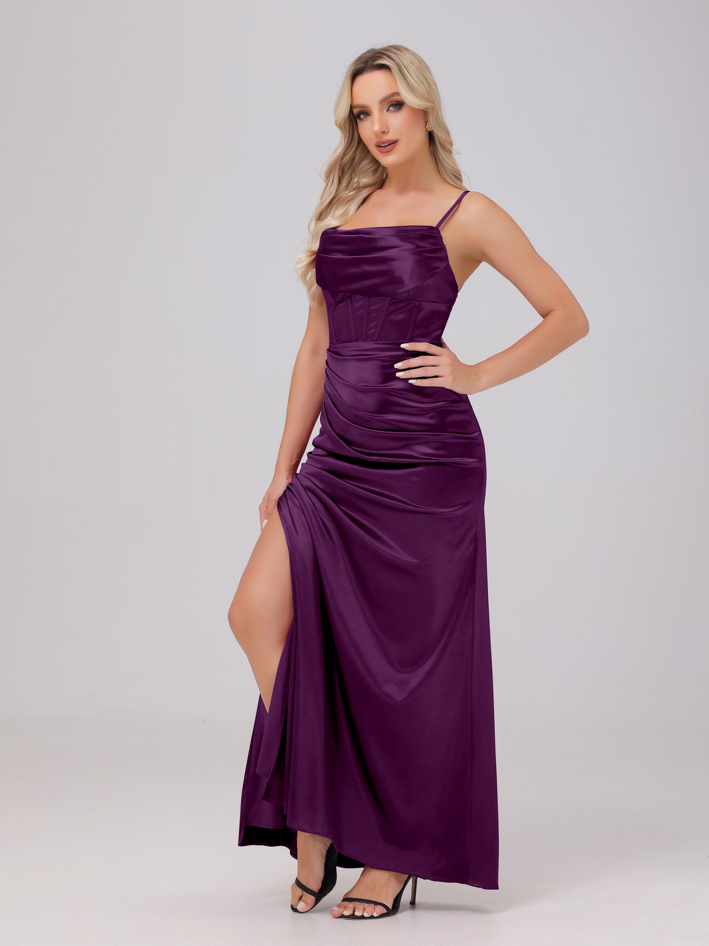 Spaghetti Straps Ruched Floor Length Stretch Satin Bridesmaid Dresses