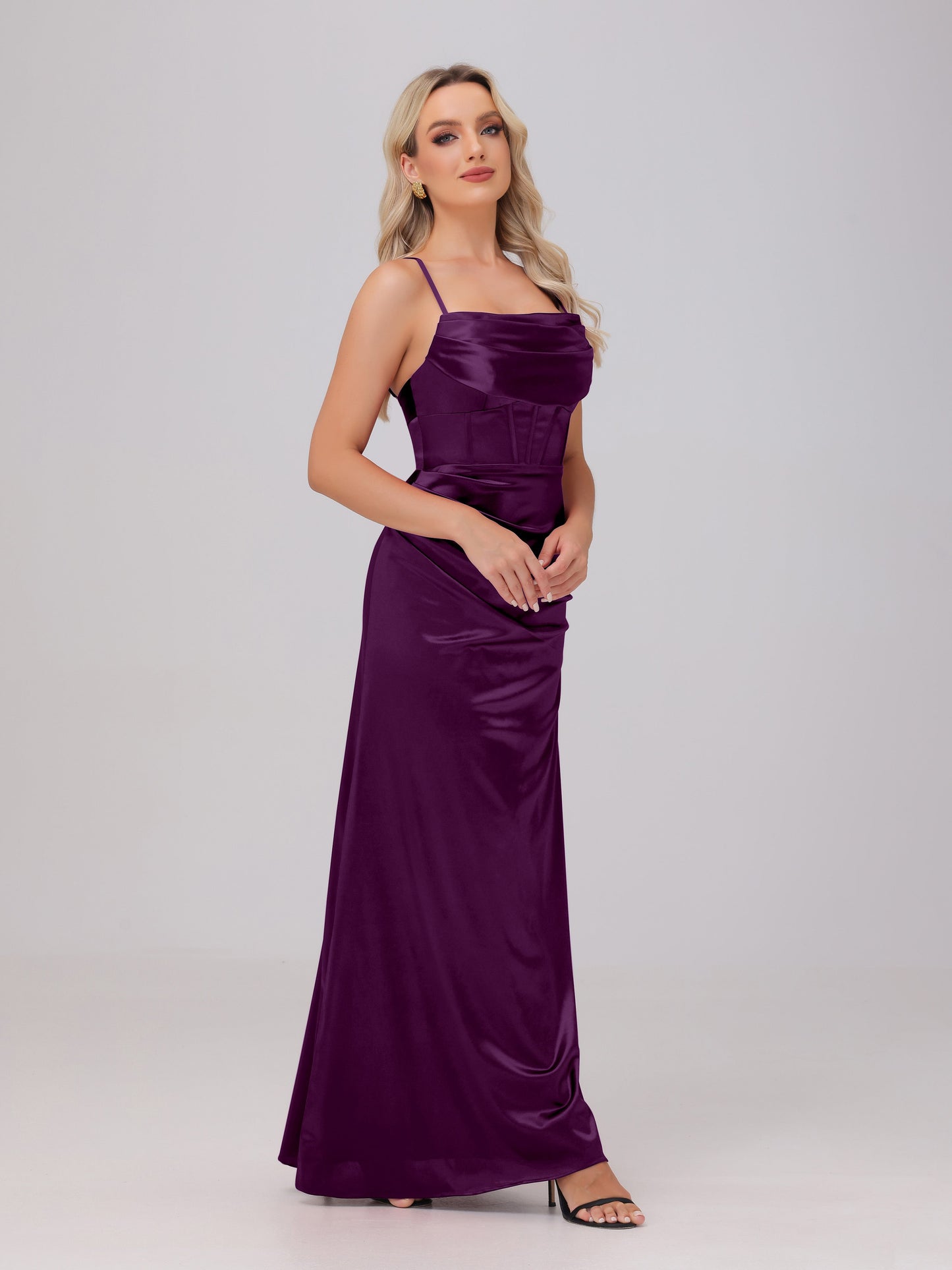 Spaghetti Straps Ruched Floor Length Stretch Satin Bridesmaid Dresses