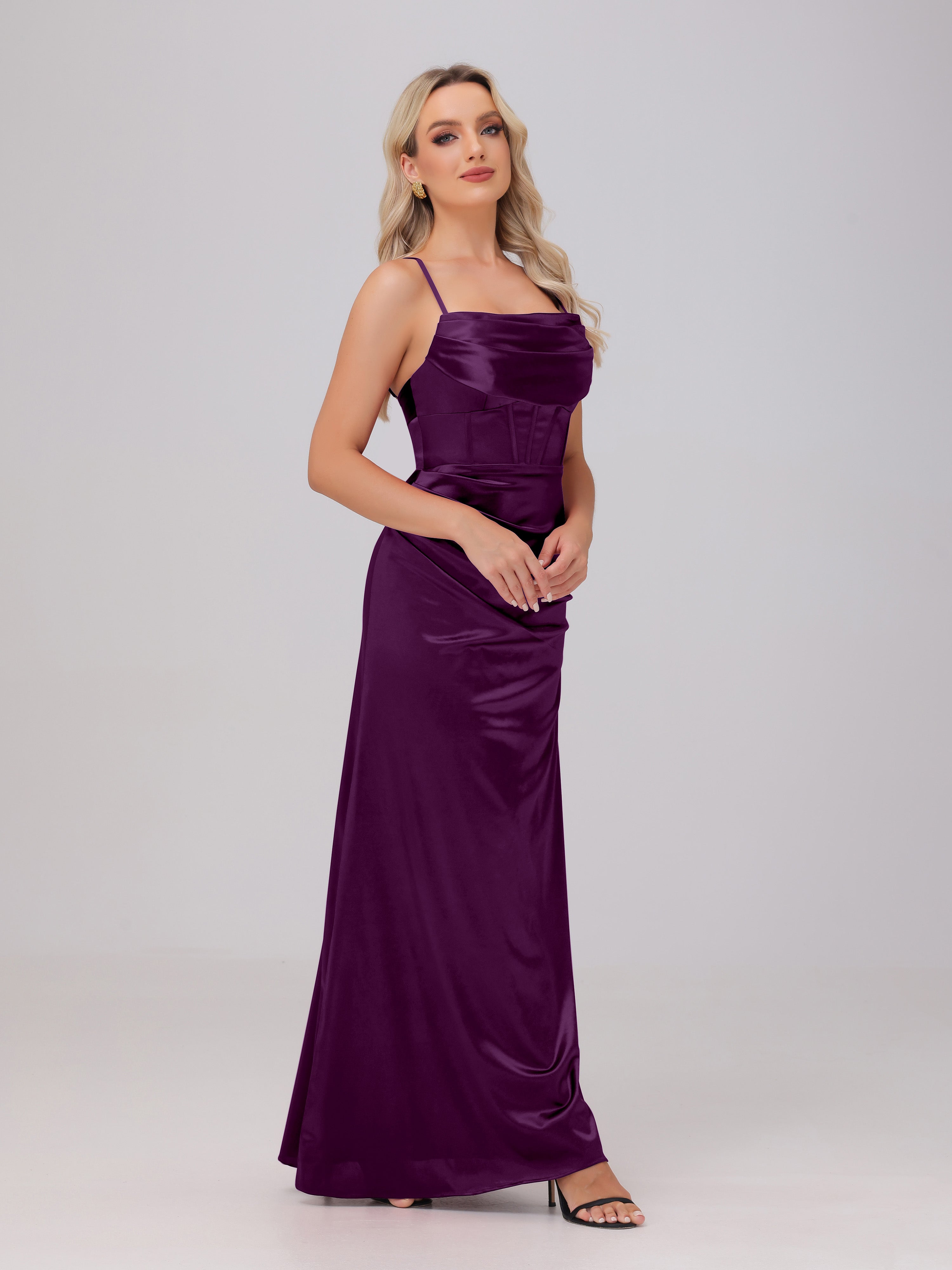 Spaghetti Straps Ruched Floor Length Stretch Satin Bridesmaid Dresses