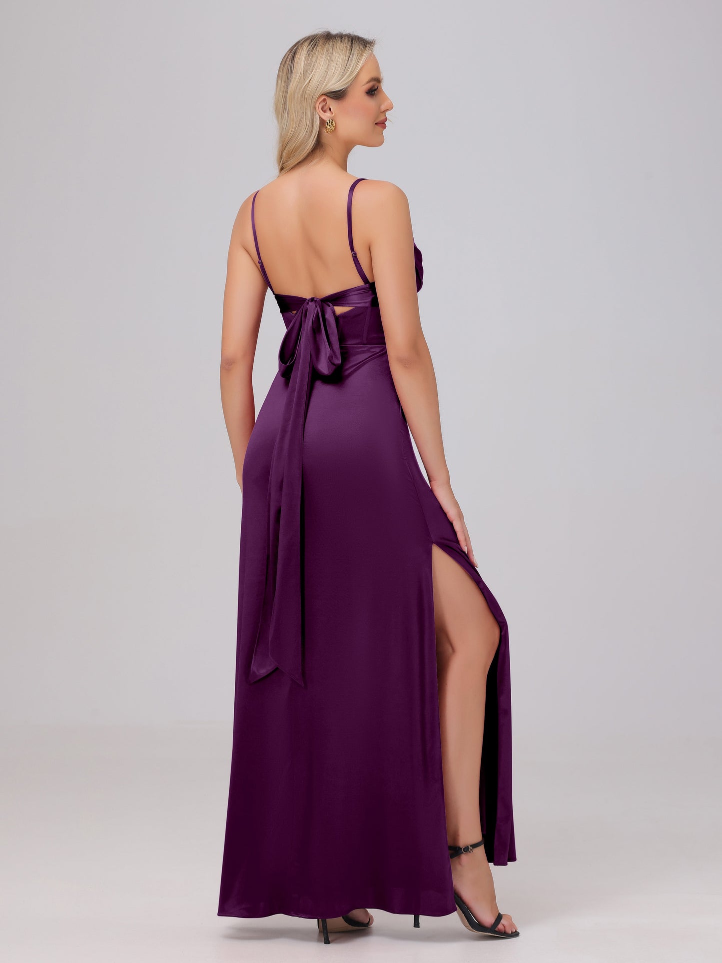 Spaghetti Straps Ruched Floor Length Stretch Satin Bridesmaid Dresses