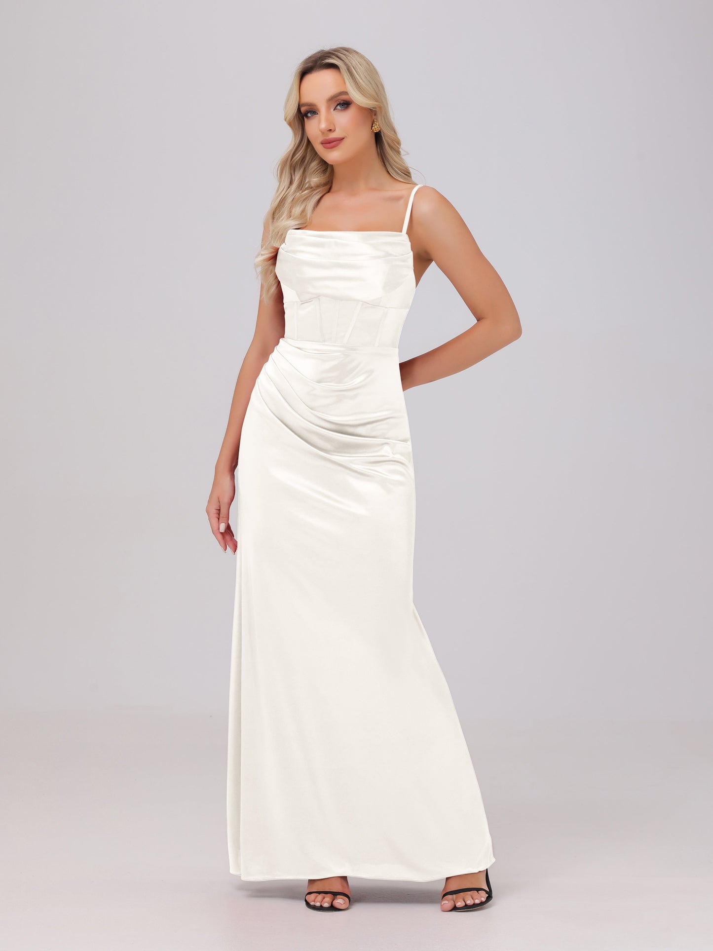 Spaghetti Straps Ruched Floor Length Stretch Satin Bridesmaid Dresses