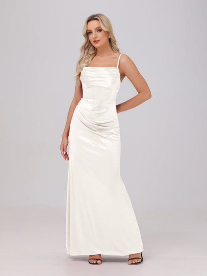 Spaghetti Straps Ruched Floor Length Stretch Satin Bridesmaid Dresses