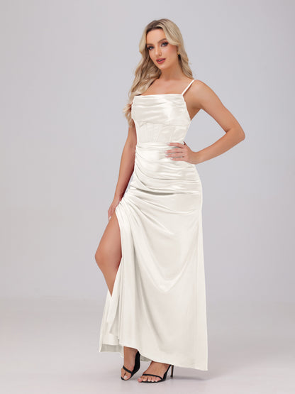 Spaghetti Straps Ruched Floor Length Stretch Satin Bridesmaid Dresses