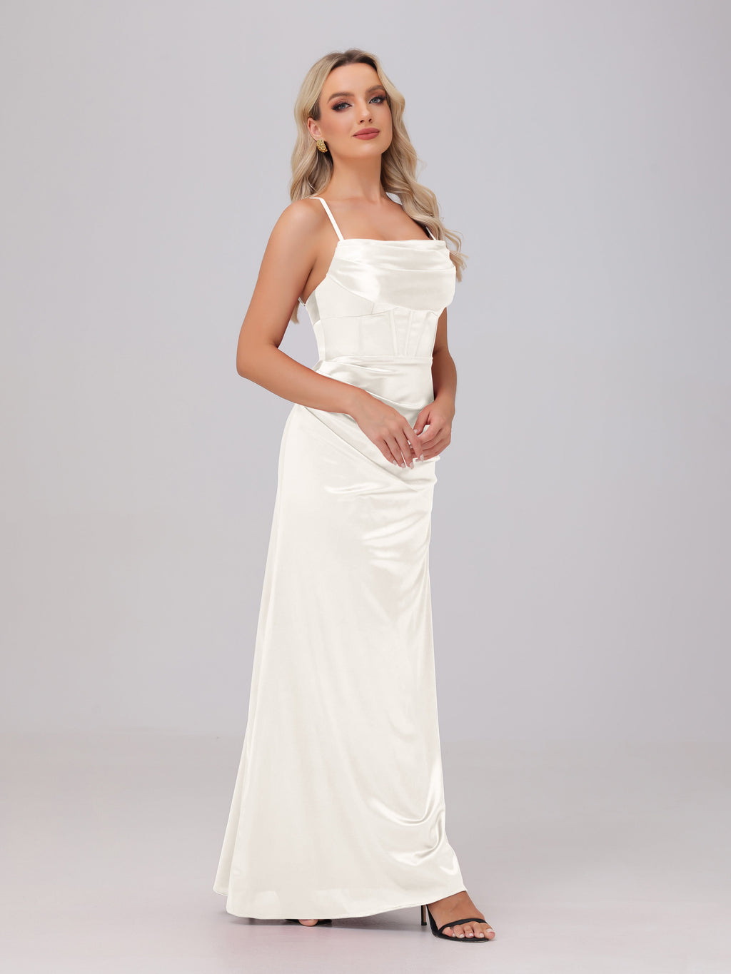 Spaghetti Straps Ruched Floor Length Stretch Satin Bridesmaid Dresses