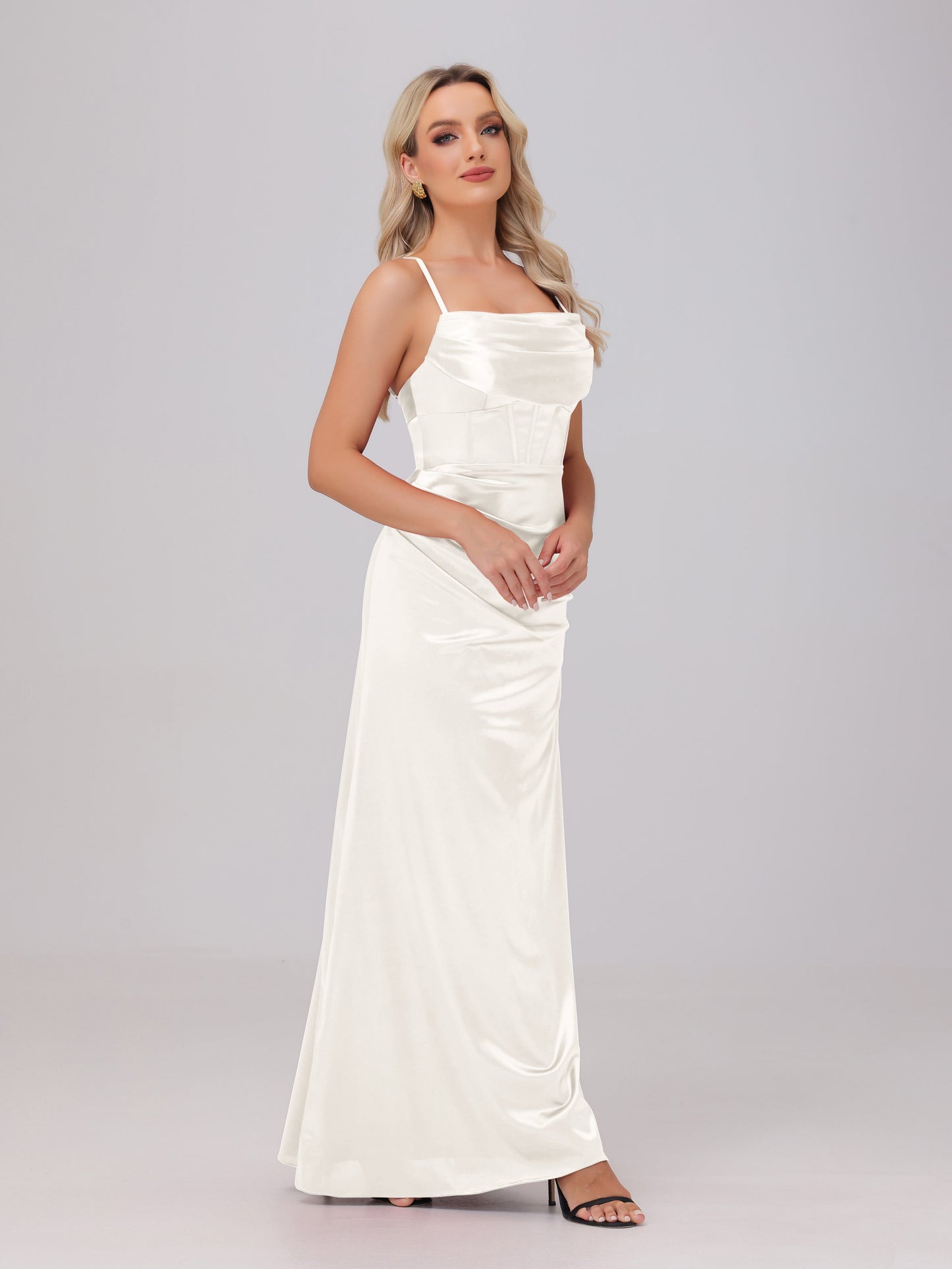 Spaghetti Straps Ruched Floor Length Stretch Satin Bridesmaid Dresses