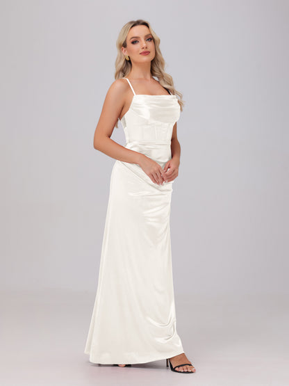 Spaghetti Straps Ruched Floor Length Stretch Satin Bridesmaid Dresses