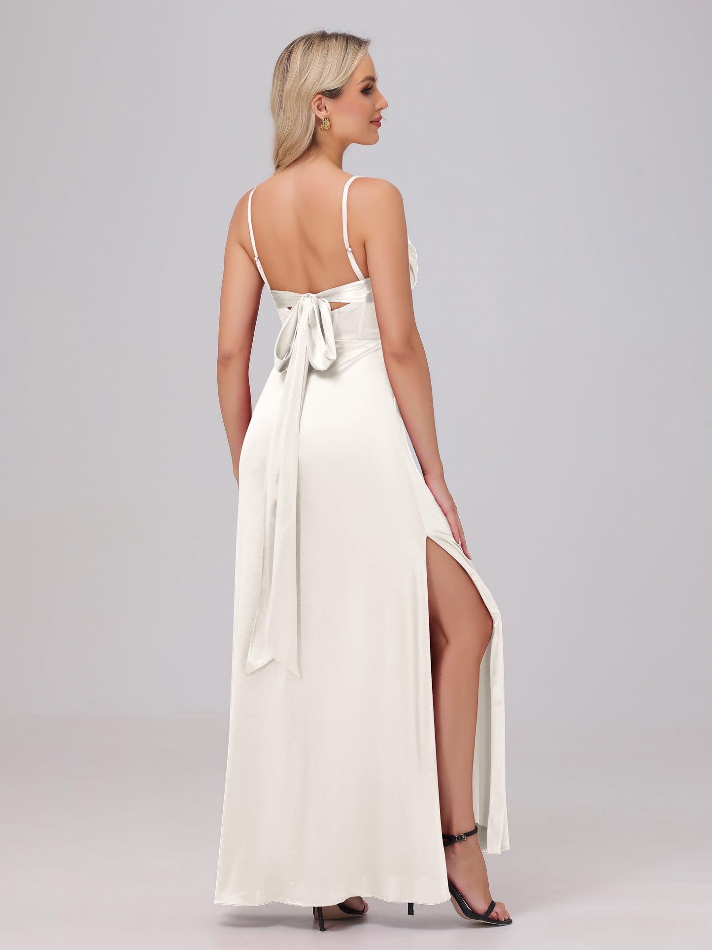Spaghetti Straps Ruched Floor Length Stretch Satin Bridesmaid Dresses