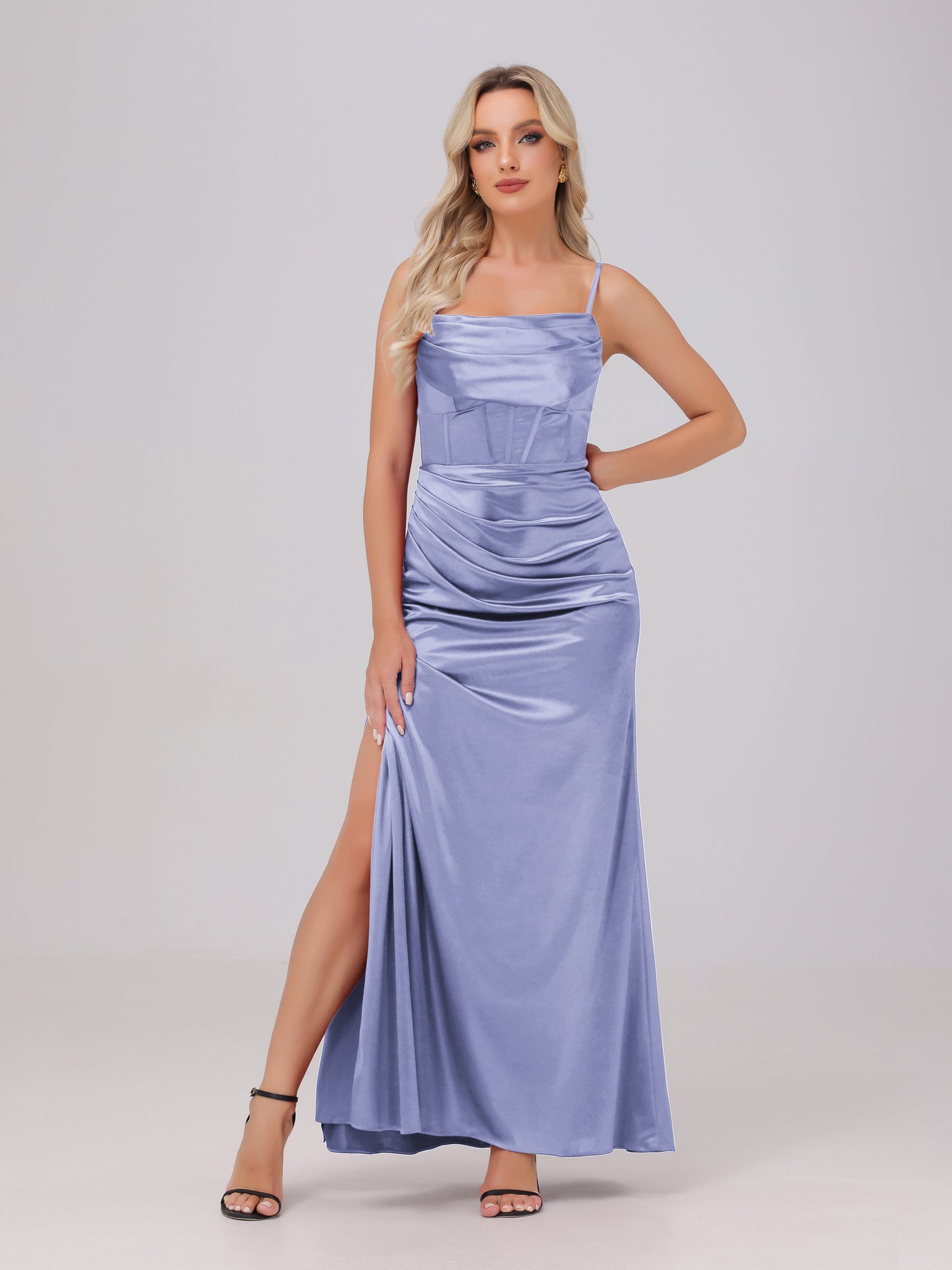 Spaghetti Straps Ruched Floor Length Stretch Satin Bridesmaid Dresses