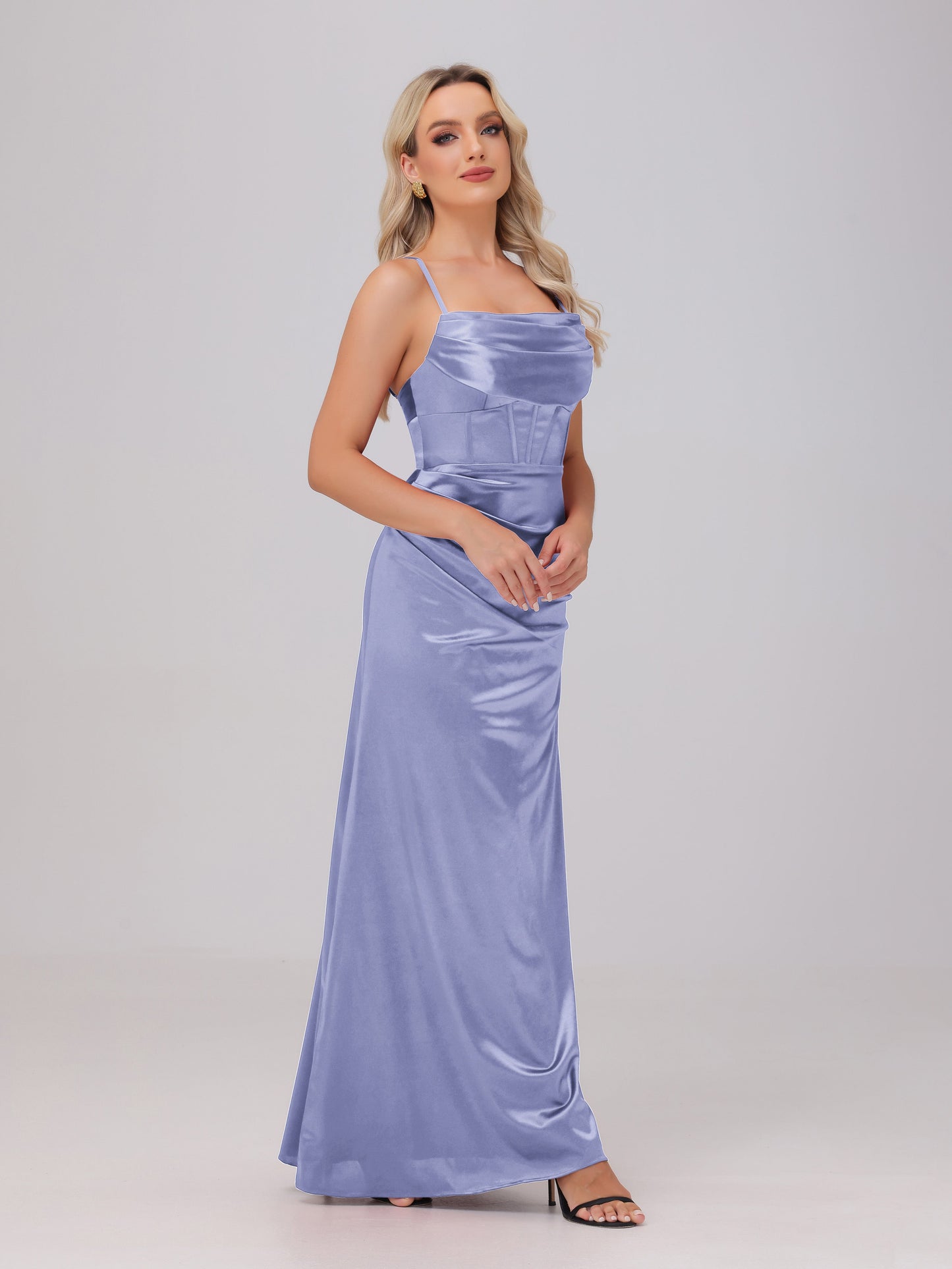 Spaghetti Straps Ruched Floor Length Stretch Satin Bridesmaid Dresses