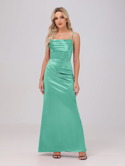 Spaghetti Straps Ruched Floor Length Stretch Satin Bridesmaid Dresses