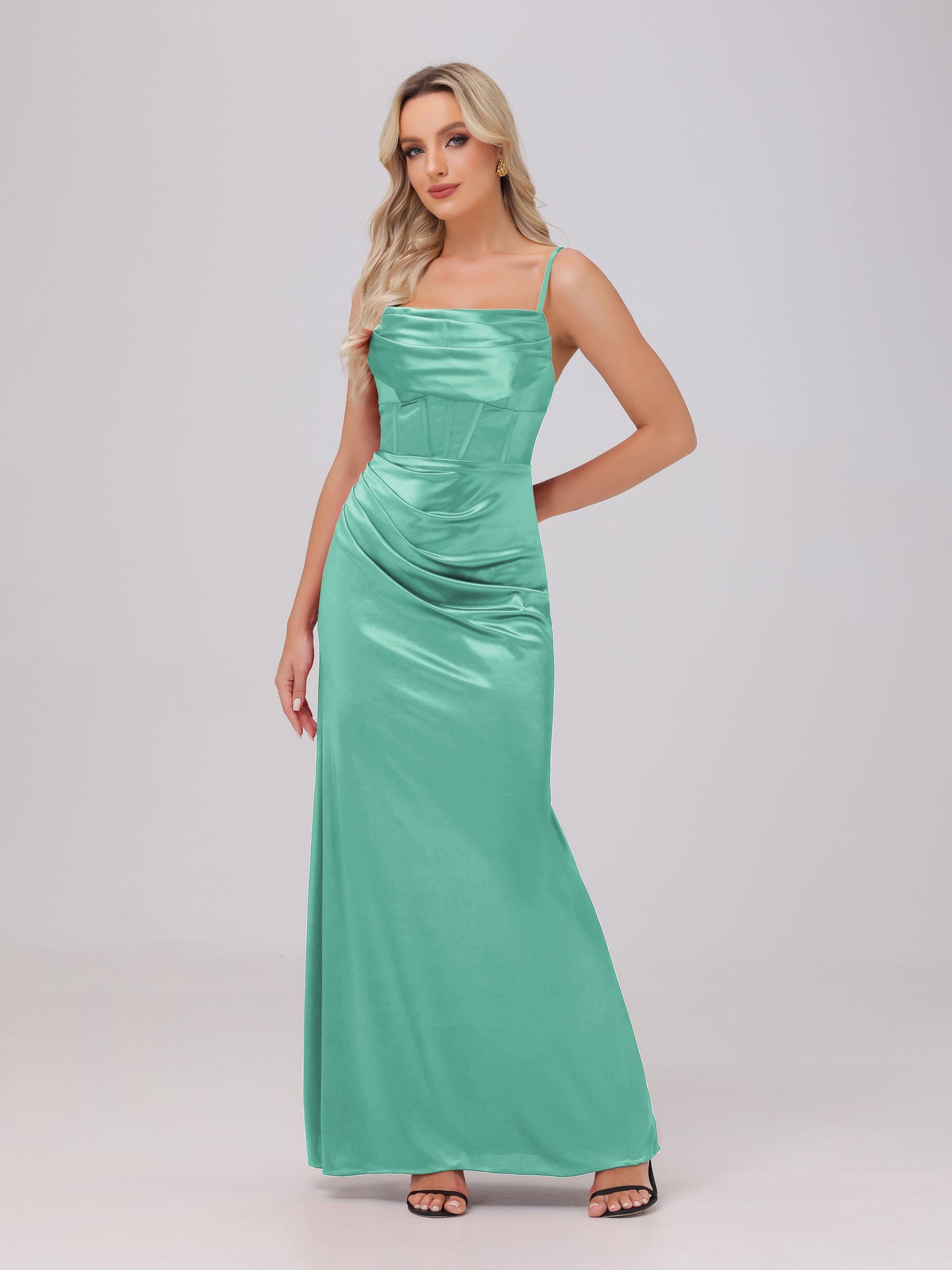 Spaghetti Straps Ruched Floor Length Stretch Satin Bridesmaid Dresses