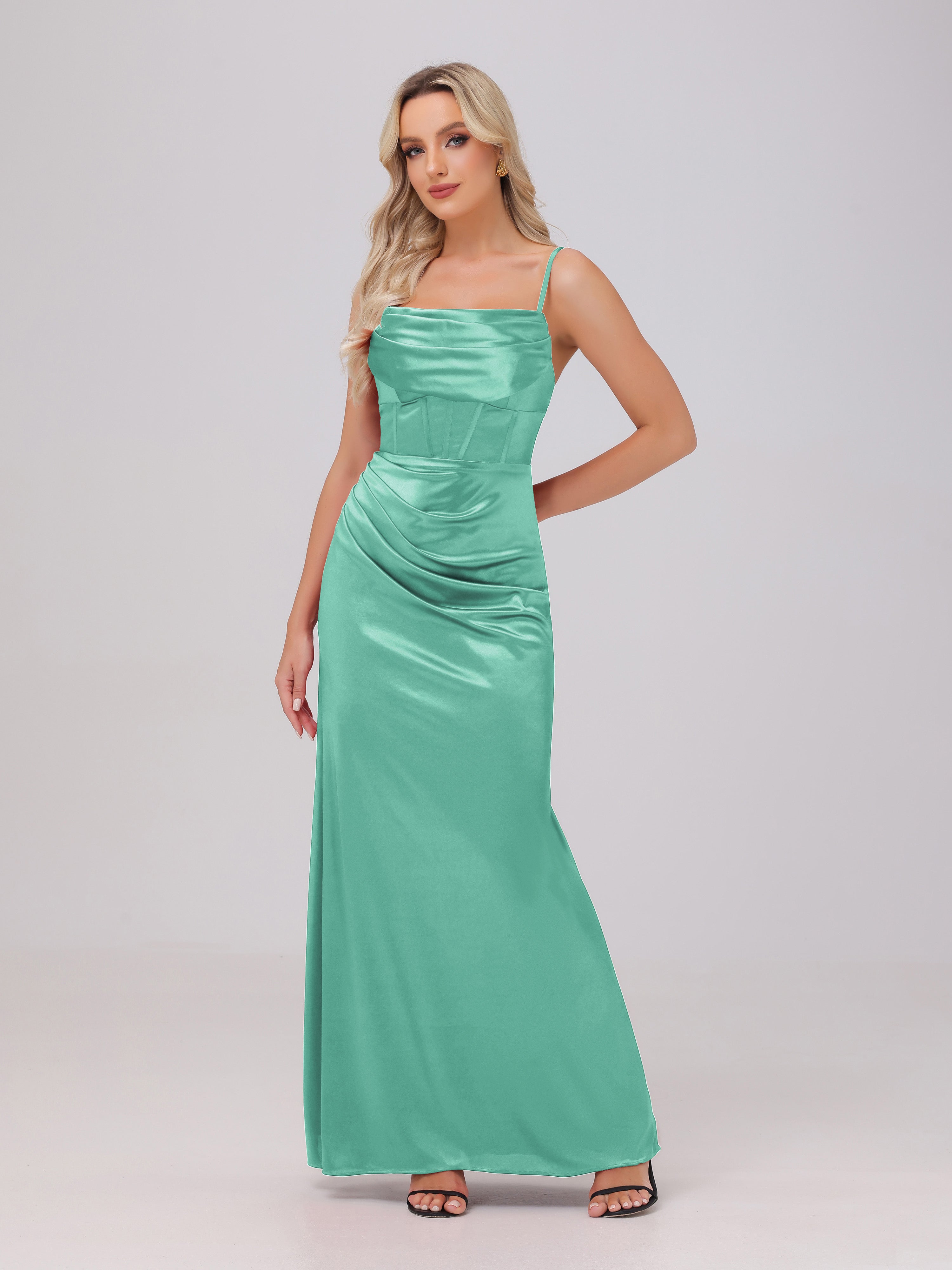 Spaghetti Straps Ruched Floor Length Stretch Satin Bridesmaid Dresses