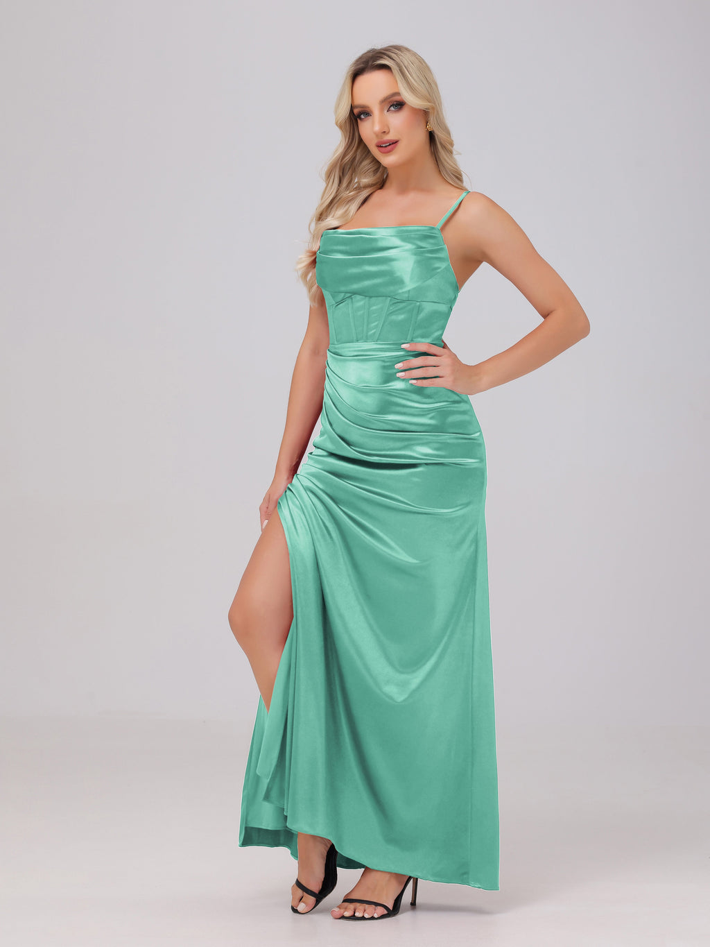 Spaghetti Straps Ruched Floor Length Stretch Satin Bridesmaid Dresses