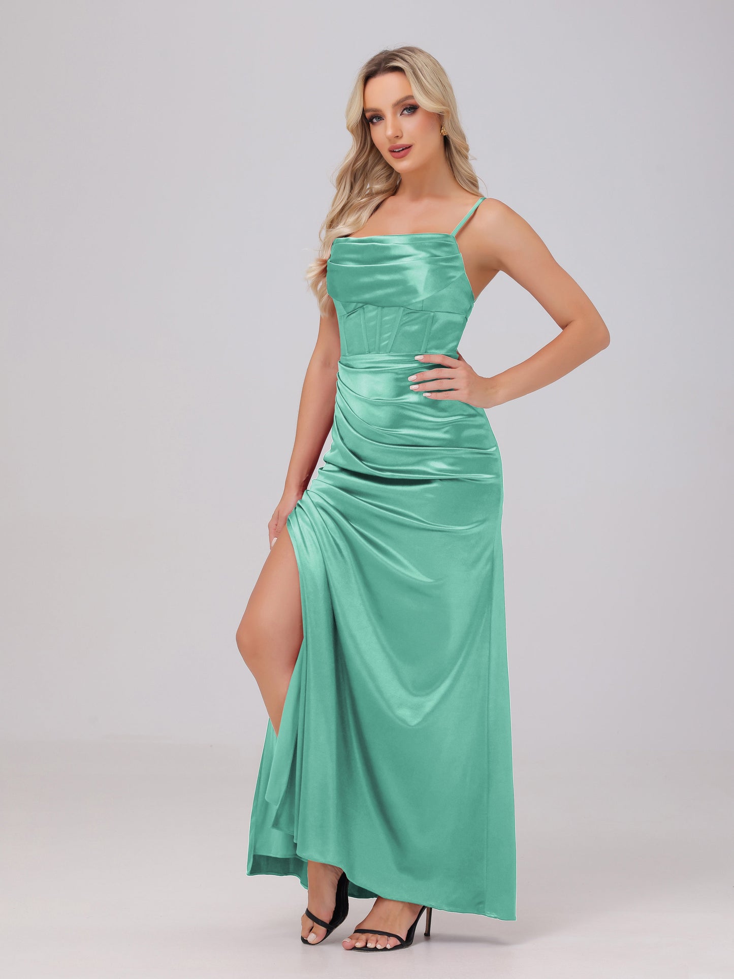 Spaghetti Straps Ruched Floor Length Stretch Satin Bridesmaid Dresses