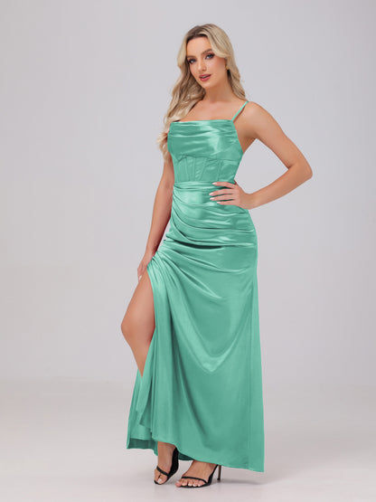 Spaghetti Straps Ruched Floor Length Stretch Satin Bridesmaid Dresses