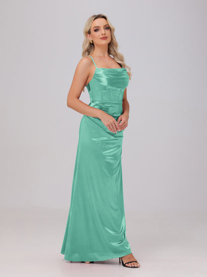 Spaghetti Straps Ruched Floor Length Stretch Satin Bridesmaid Dresses