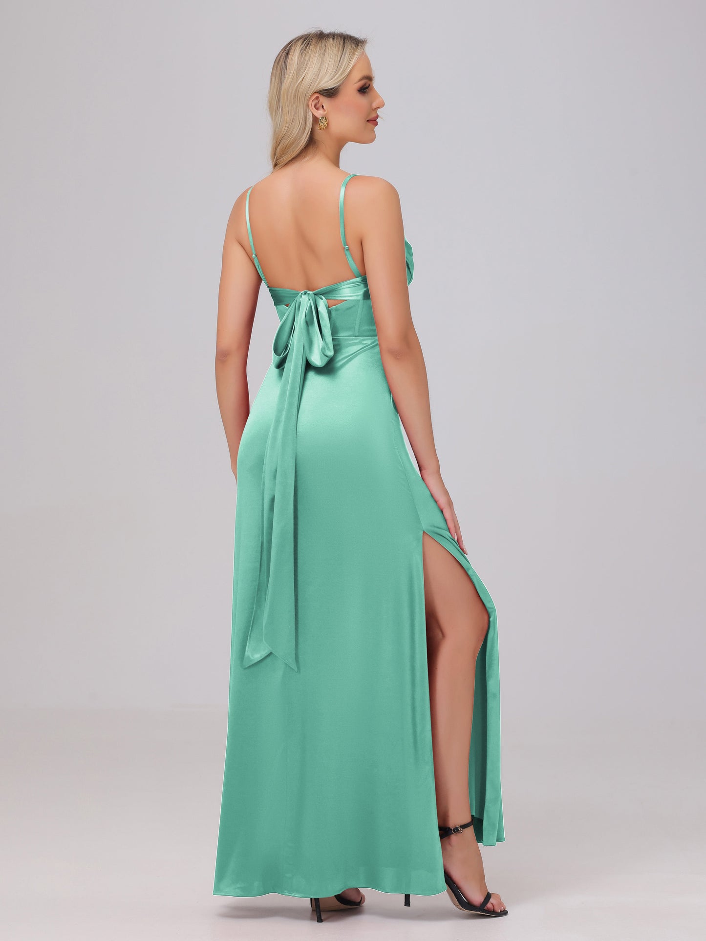 Spaghetti Straps Ruched Floor Length Stretch Satin Bridesmaid Dresses