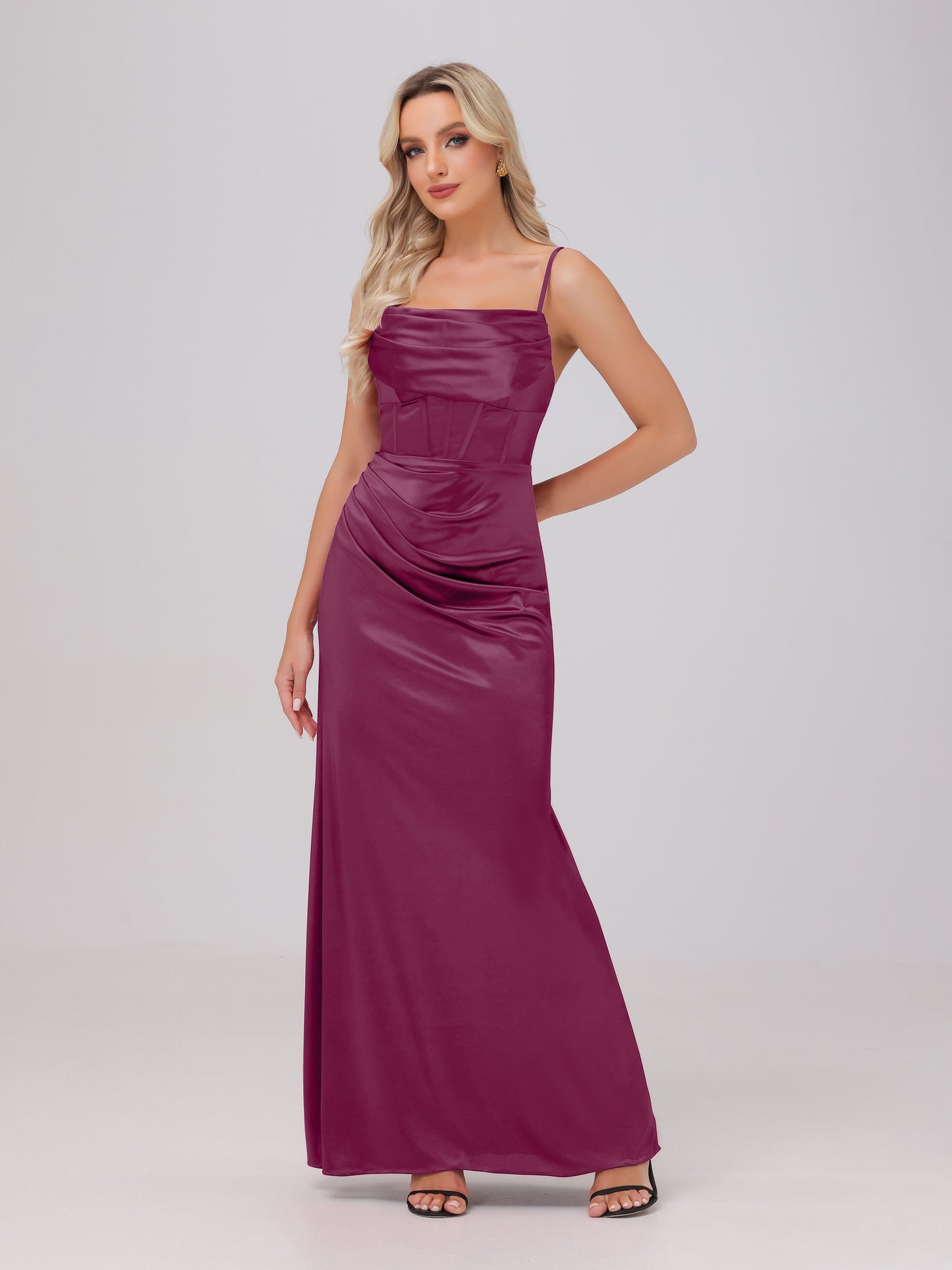 Spaghetti Straps Ruched Floor Length Stretch Satin Bridesmaid Dresses