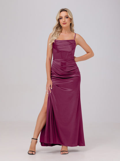 Spaghetti Straps Ruched Floor Length Stretch Satin Bridesmaid Dresses