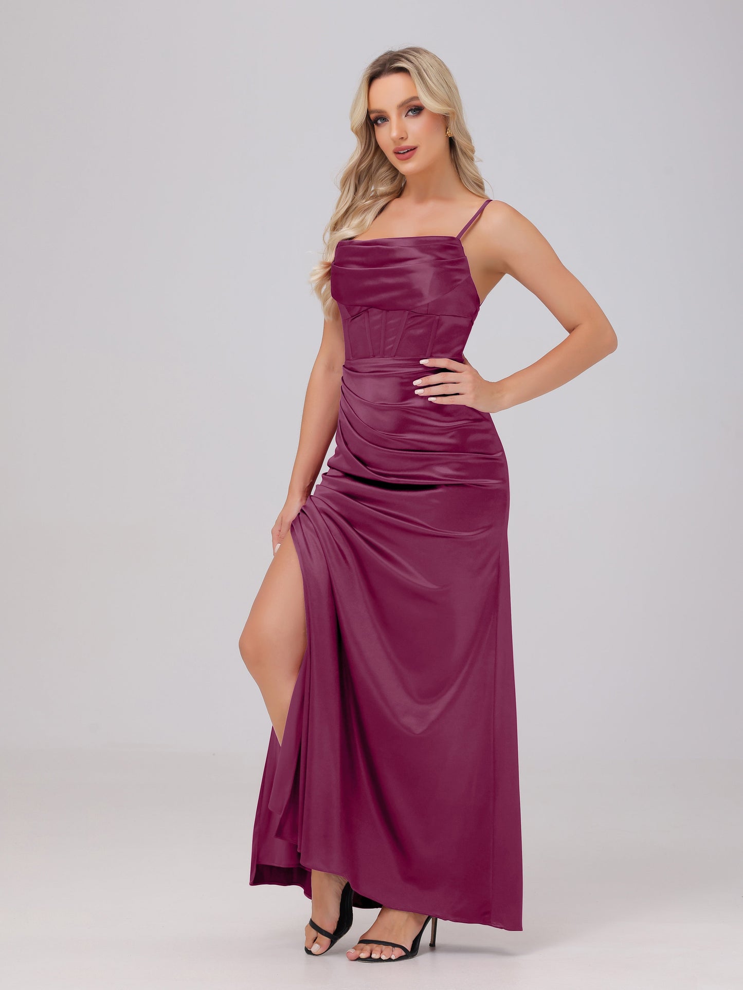 Spaghetti Straps Ruched Floor Length Stretch Satin Bridesmaid Dresses