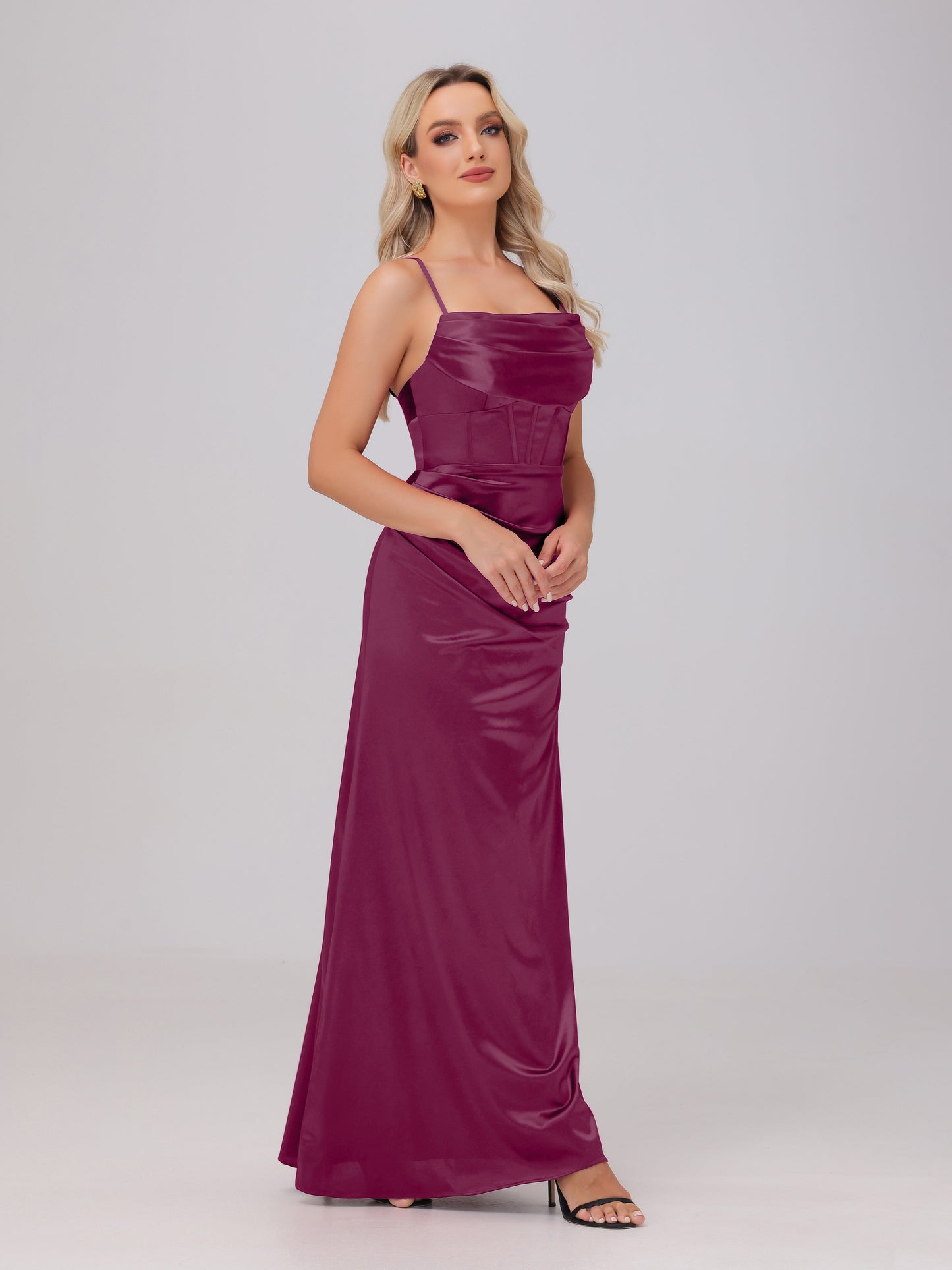 Spaghetti Straps Ruched Floor Length Stretch Satin Bridesmaid Dresses