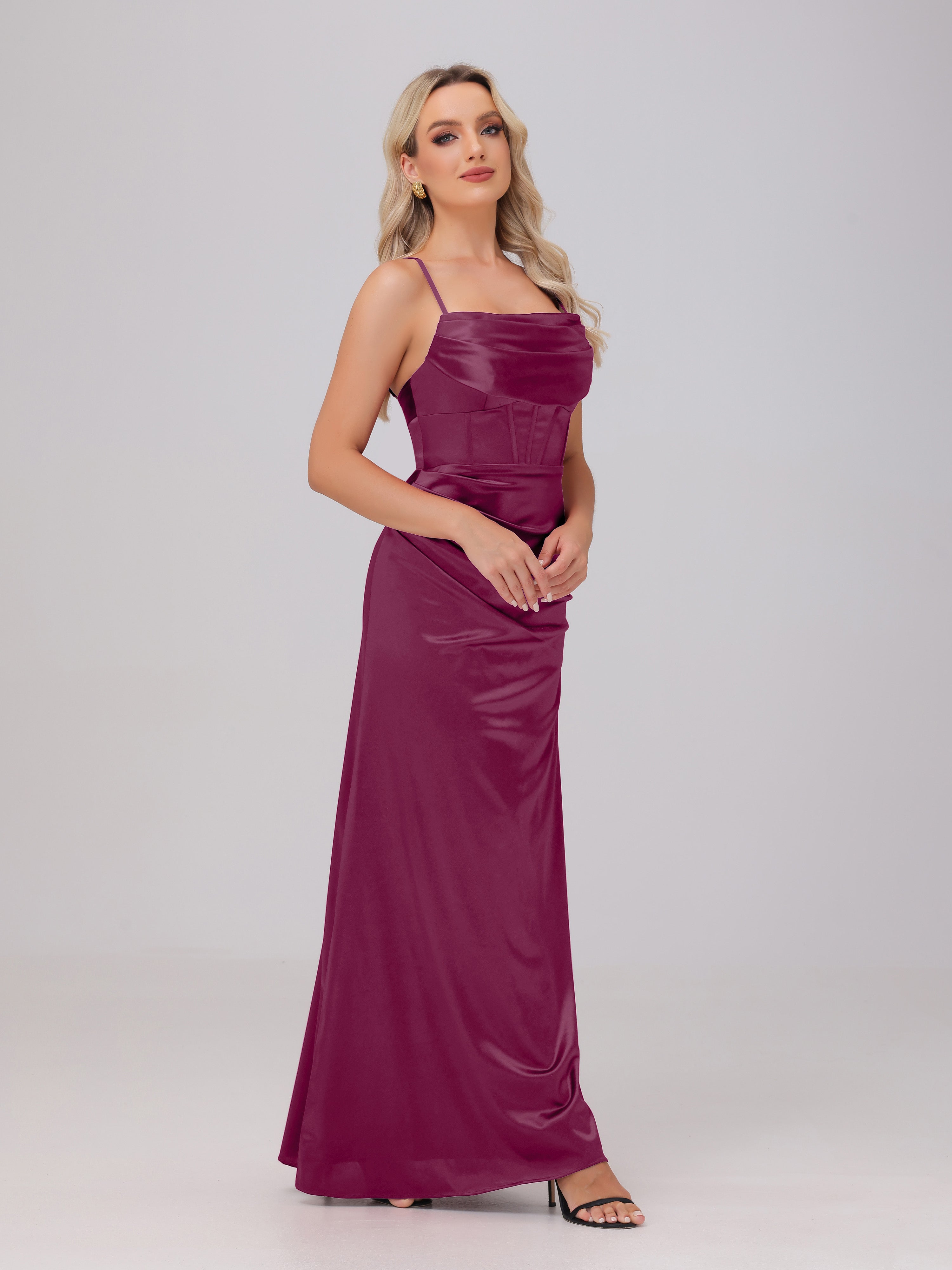 Spaghetti Straps Ruched Floor Length Stretch Satin Bridesmaid Dresses