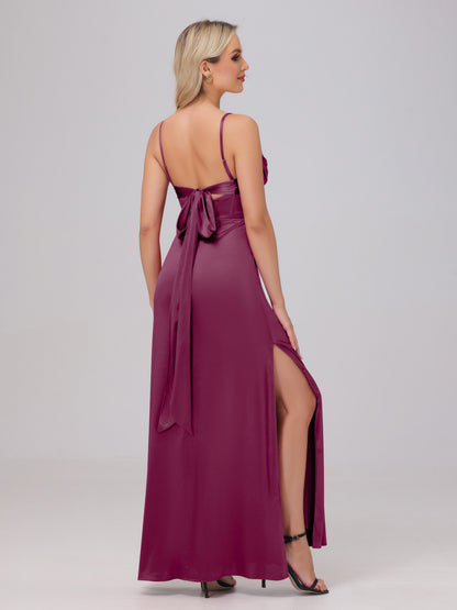 Spaghetti Straps Ruched Floor Length Stretch Satin Bridesmaid Dresses
