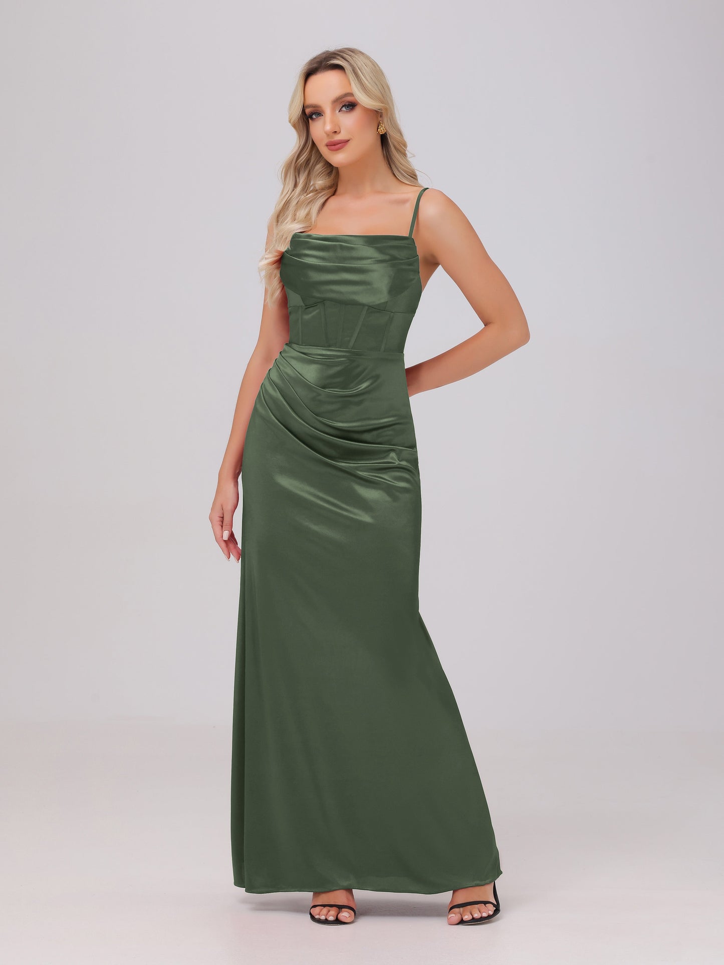 Spaghetti Straps Ruched Floor Length Stretch Satin Bridesmaid Dresses