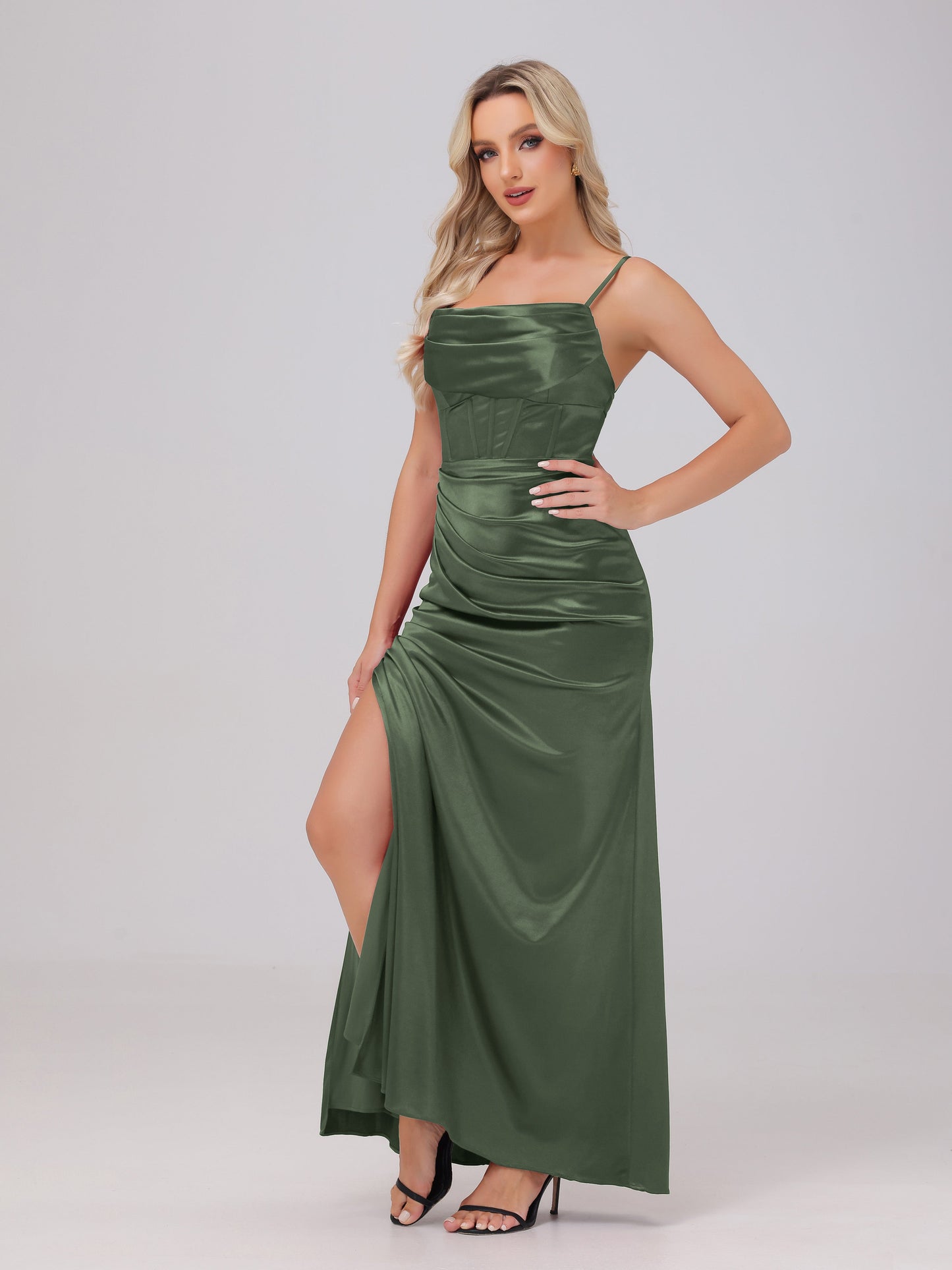 Spaghetti Straps Ruched Floor Length Stretch Satin Bridesmaid Dresses