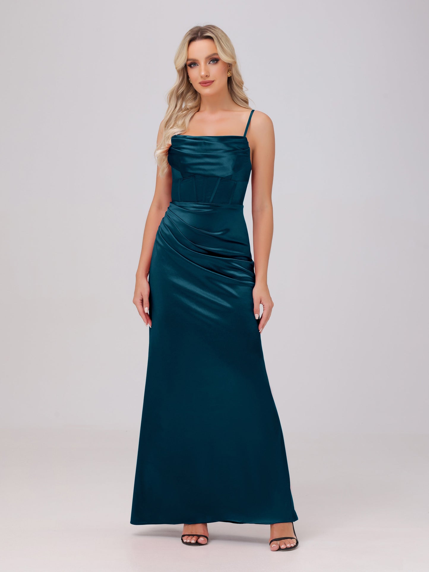 Spaghetti Straps Ruched Floor Length Stretch Satin Bridesmaid Dresses