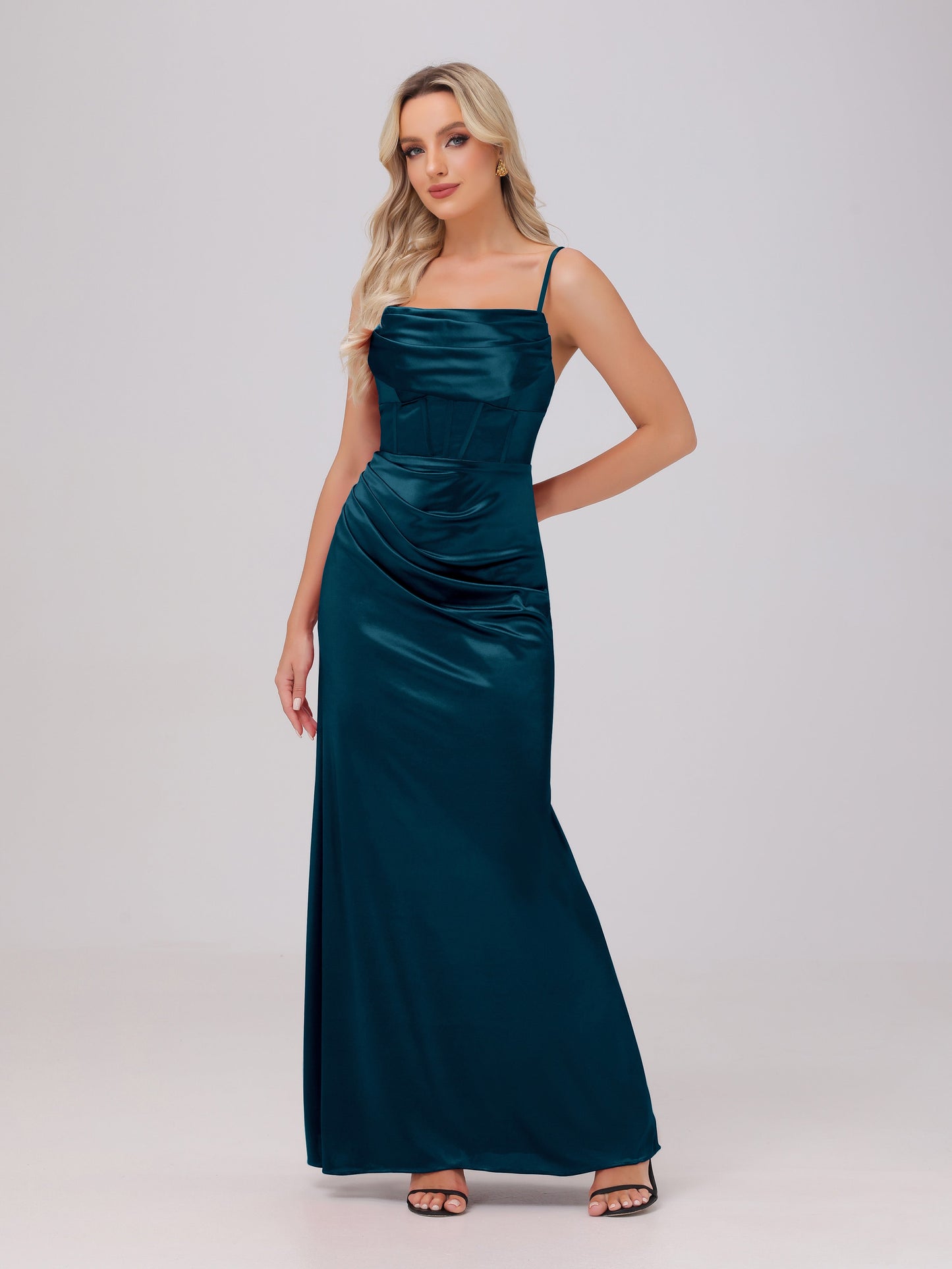 Spaghetti Straps Ruched Floor Length Stretch Satin Bridesmaid Dresses