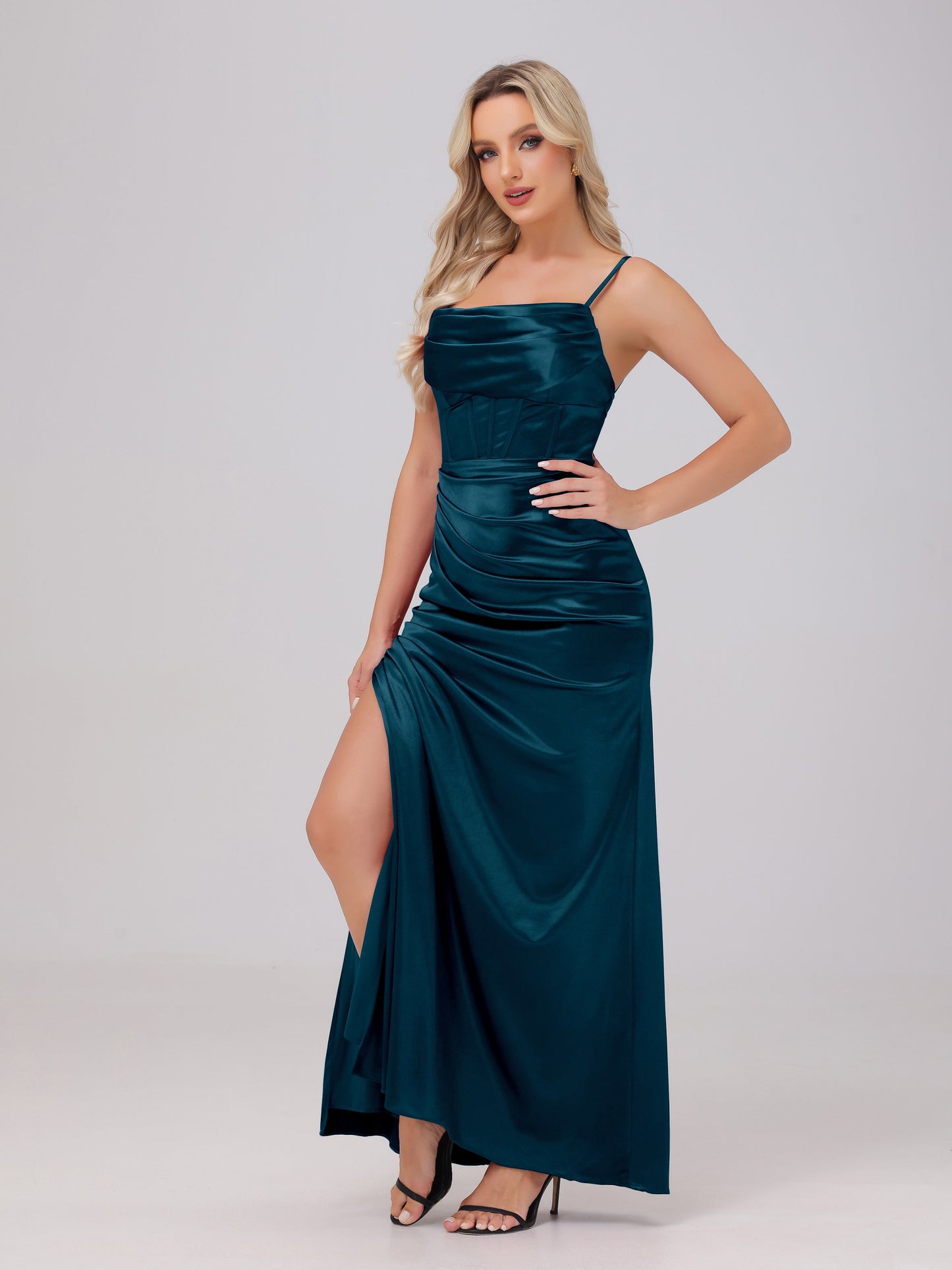 Spaghetti Straps Ruched Floor Length Stretch Satin Bridesmaid Dresses