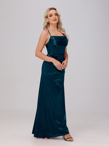 Spaghetti Straps Ruched Floor Length Stretch Satin Bridesmaid Dresses