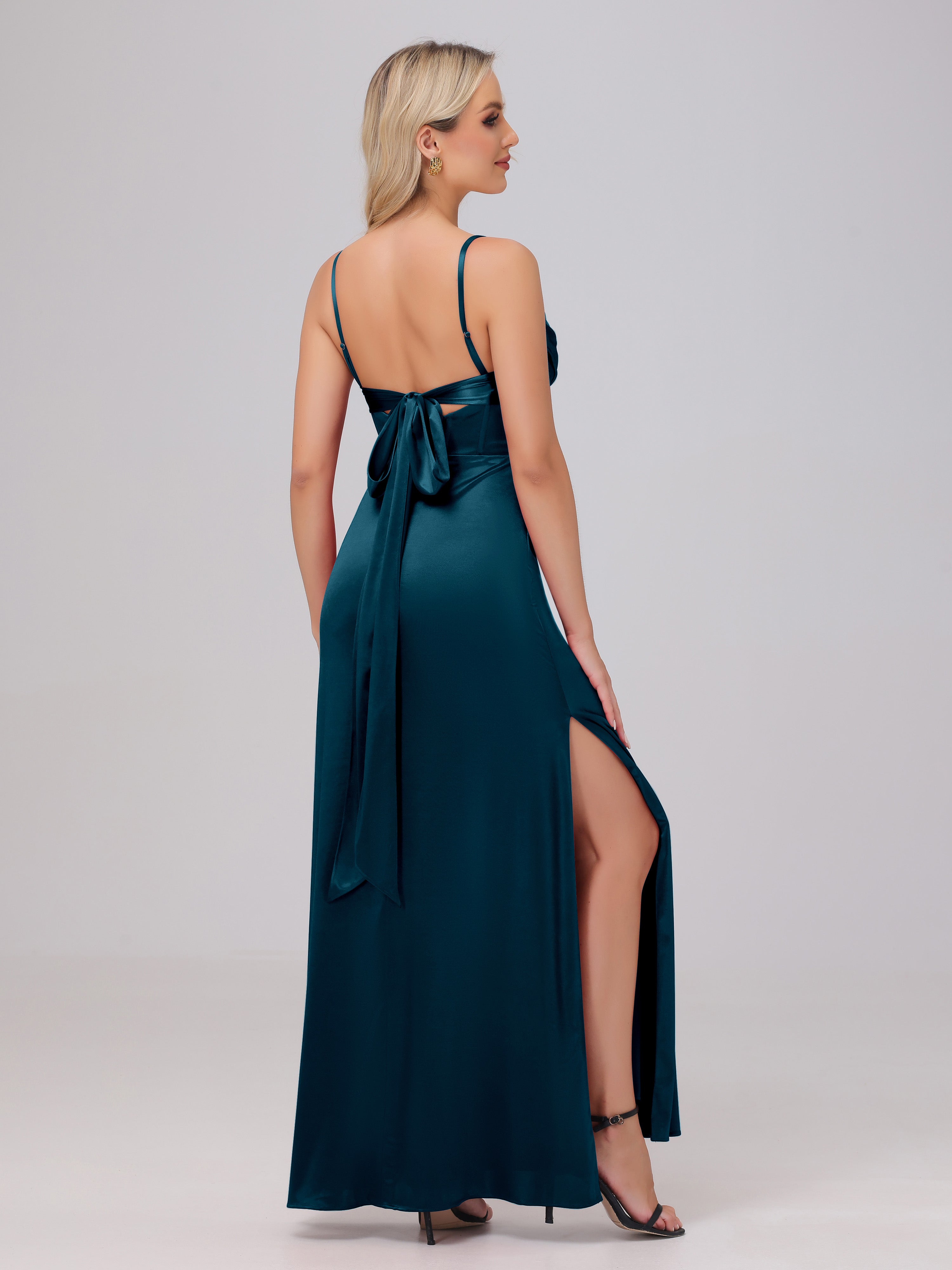 Spaghetti Straps Ruched Floor Length Stretch Satin Bridesmaid Dresses