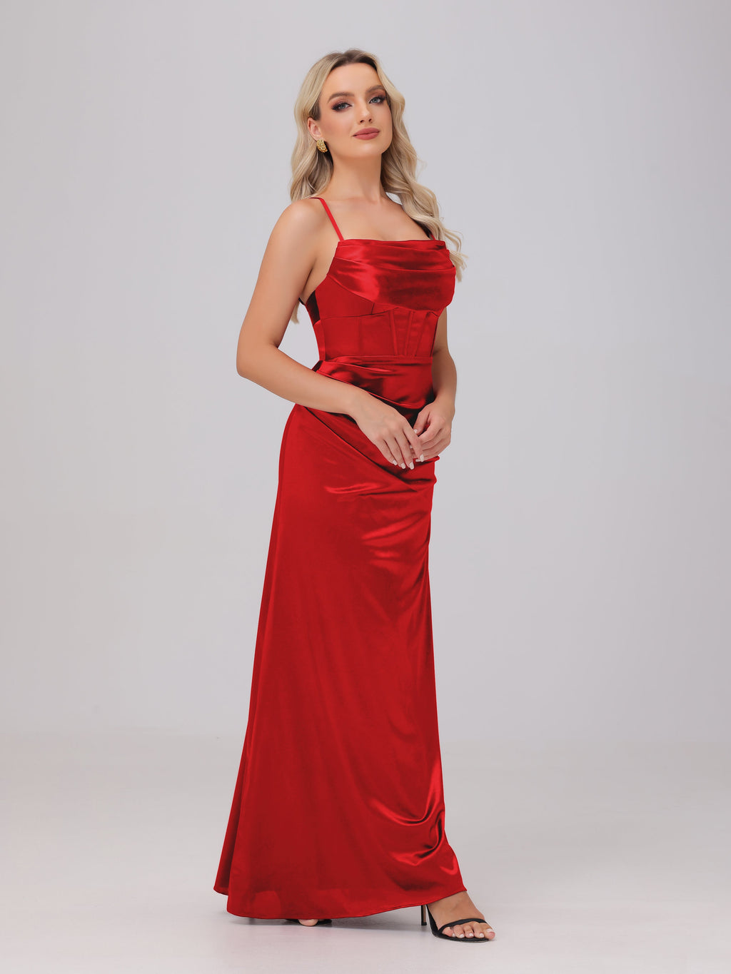 Spaghetti Straps Ruched Floor Length Stretch Satin Bridesmaid Dresses