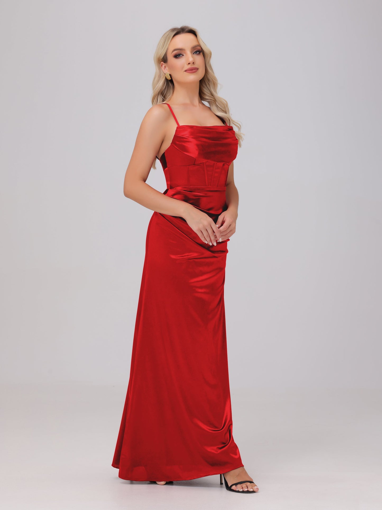 Spaghetti Straps Ruched Floor Length Stretch Satin Bridesmaid Dresses
