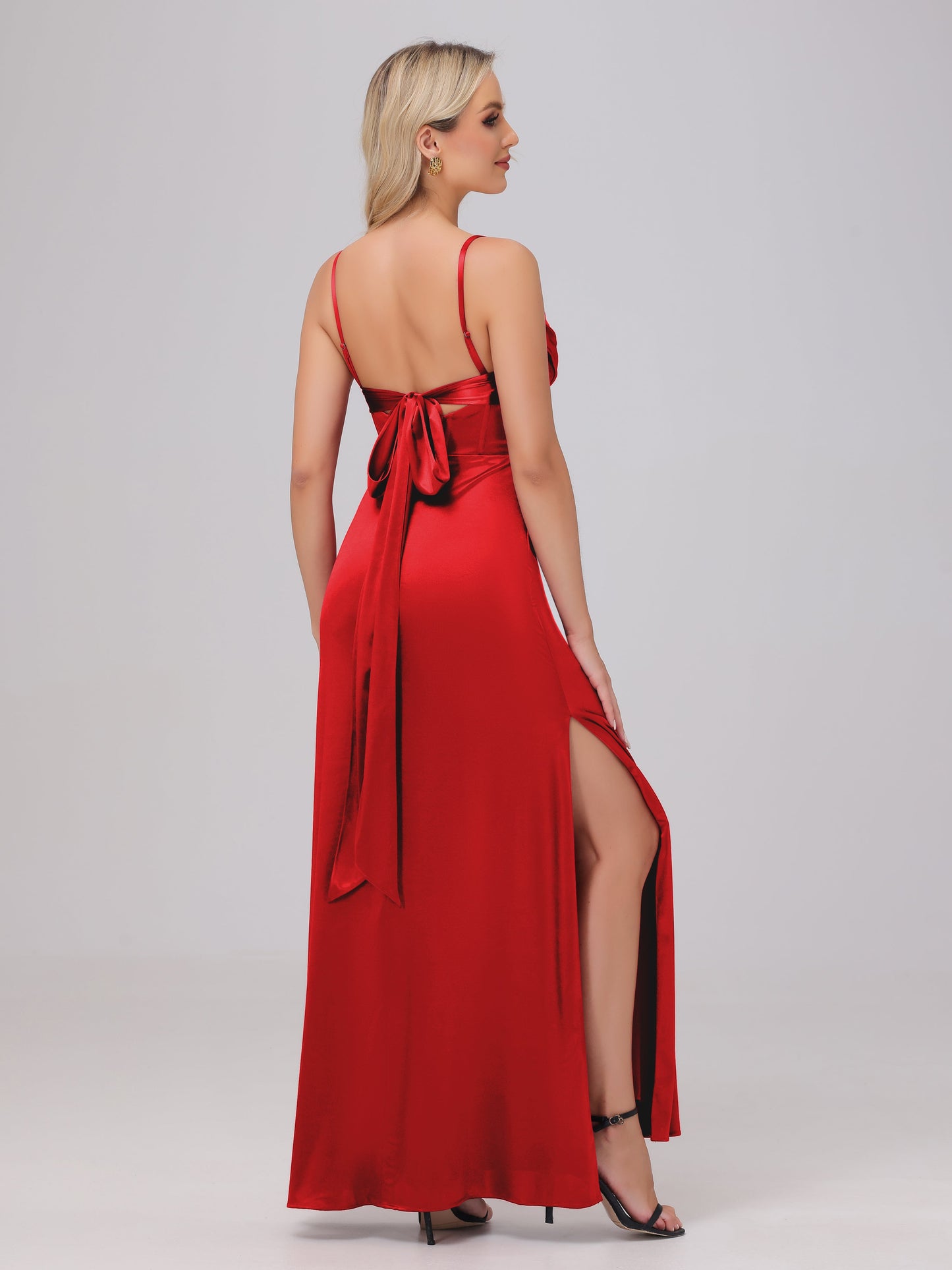 Spaghetti Straps Ruched Floor Length Stretch Satin Bridesmaid Dresses