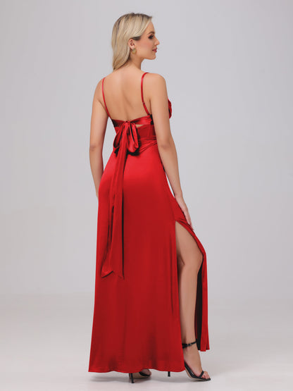 Spaghetti Straps Ruched Floor Length Stretch Satin Bridesmaid Dresses