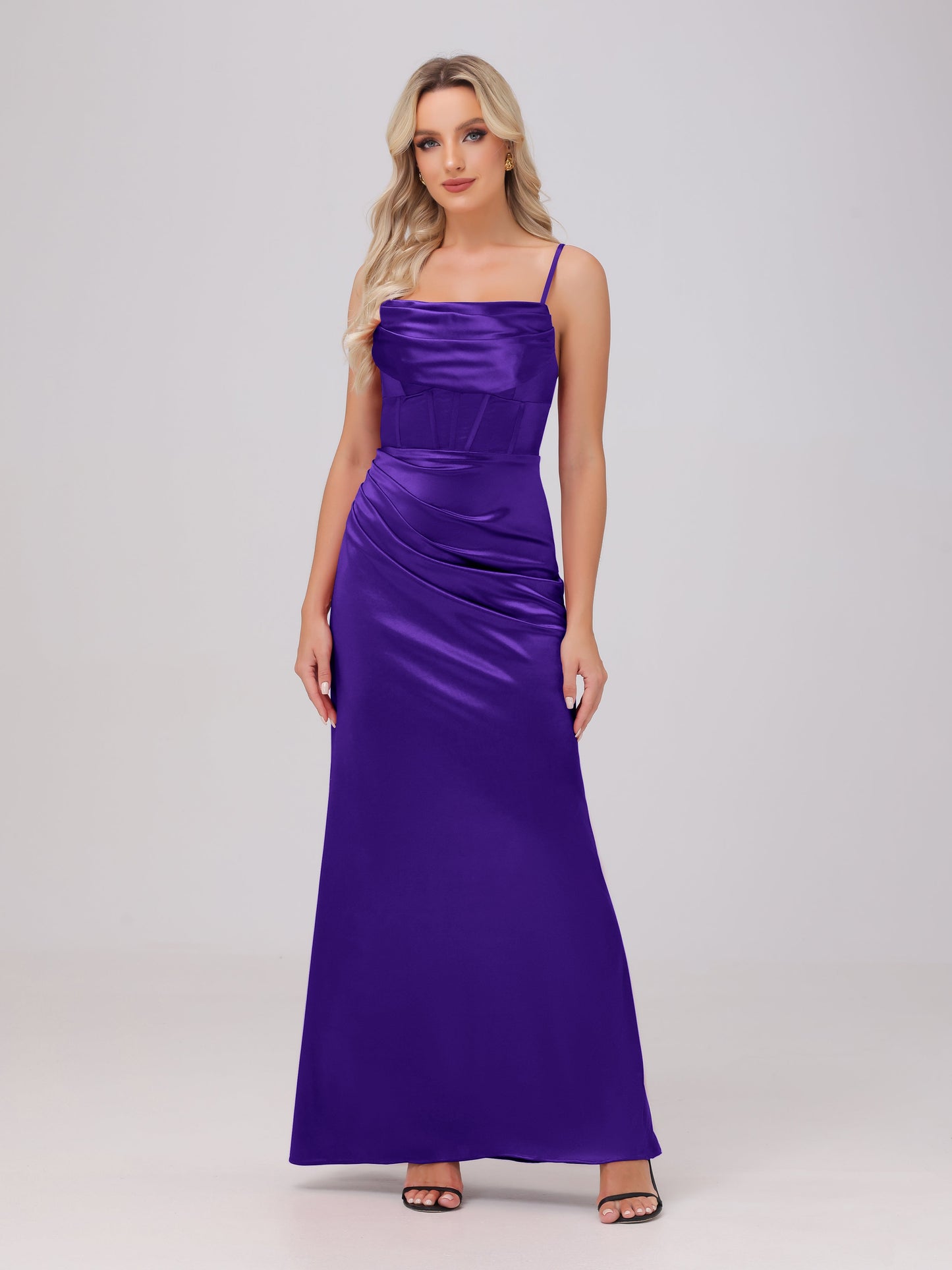 Spaghetti Straps Ruched Floor Length Stretch Satin Bridesmaid Dresses