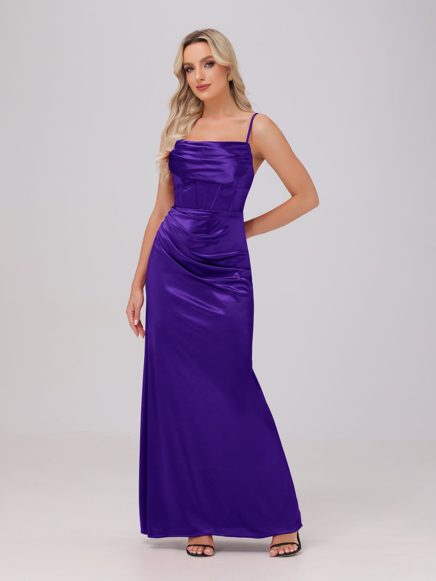 Spaghetti Straps Ruched Floor Length Stretch Satin Bridesmaid Dresses