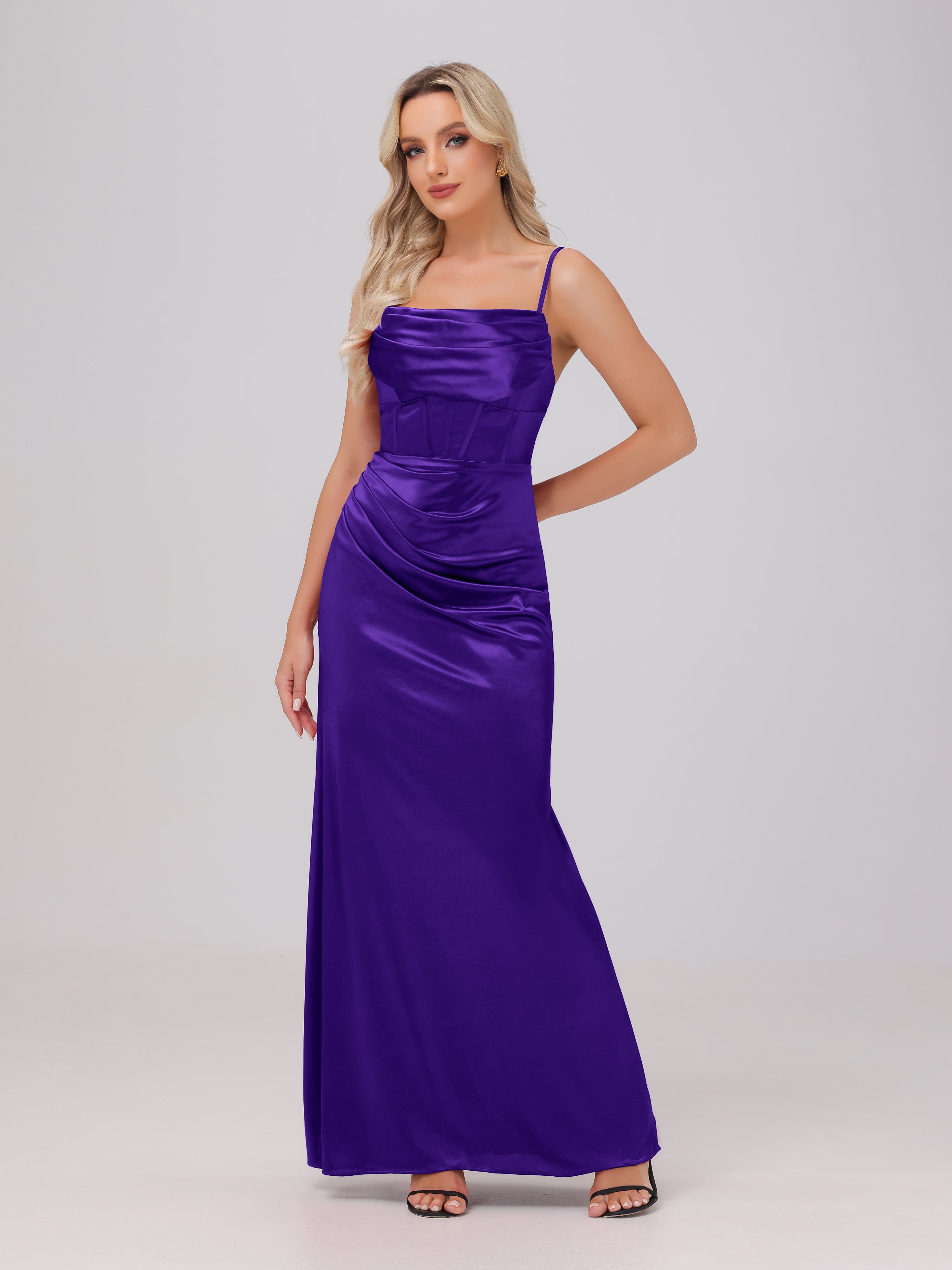 Spaghetti Straps Ruched Floor Length Stretch Satin Bridesmaid Dresses