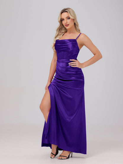 Spaghetti Straps Ruched Floor Length Stretch Satin Bridesmaid Dresses