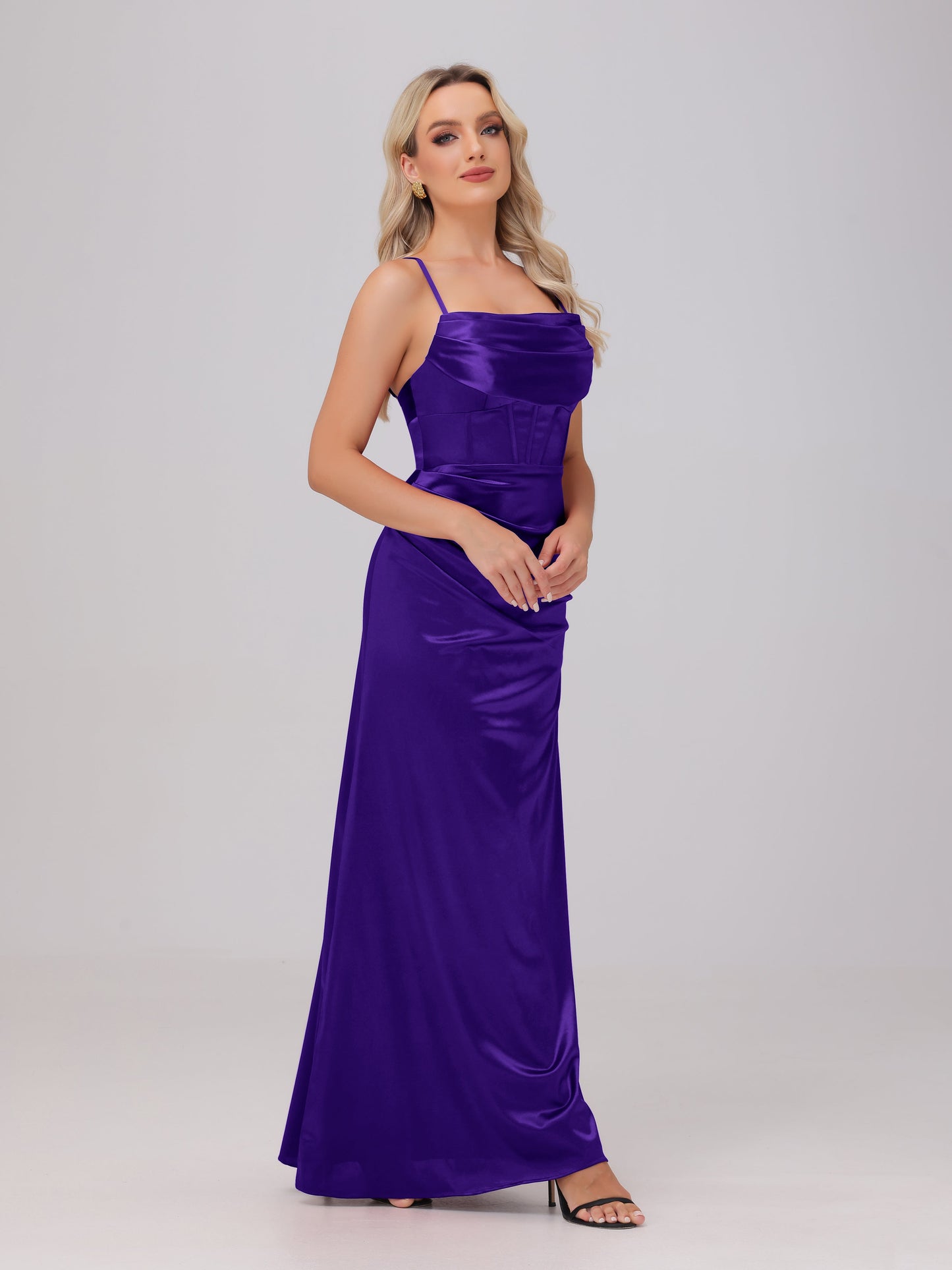 Spaghetti Straps Ruched Floor Length Stretch Satin Bridesmaid Dresses