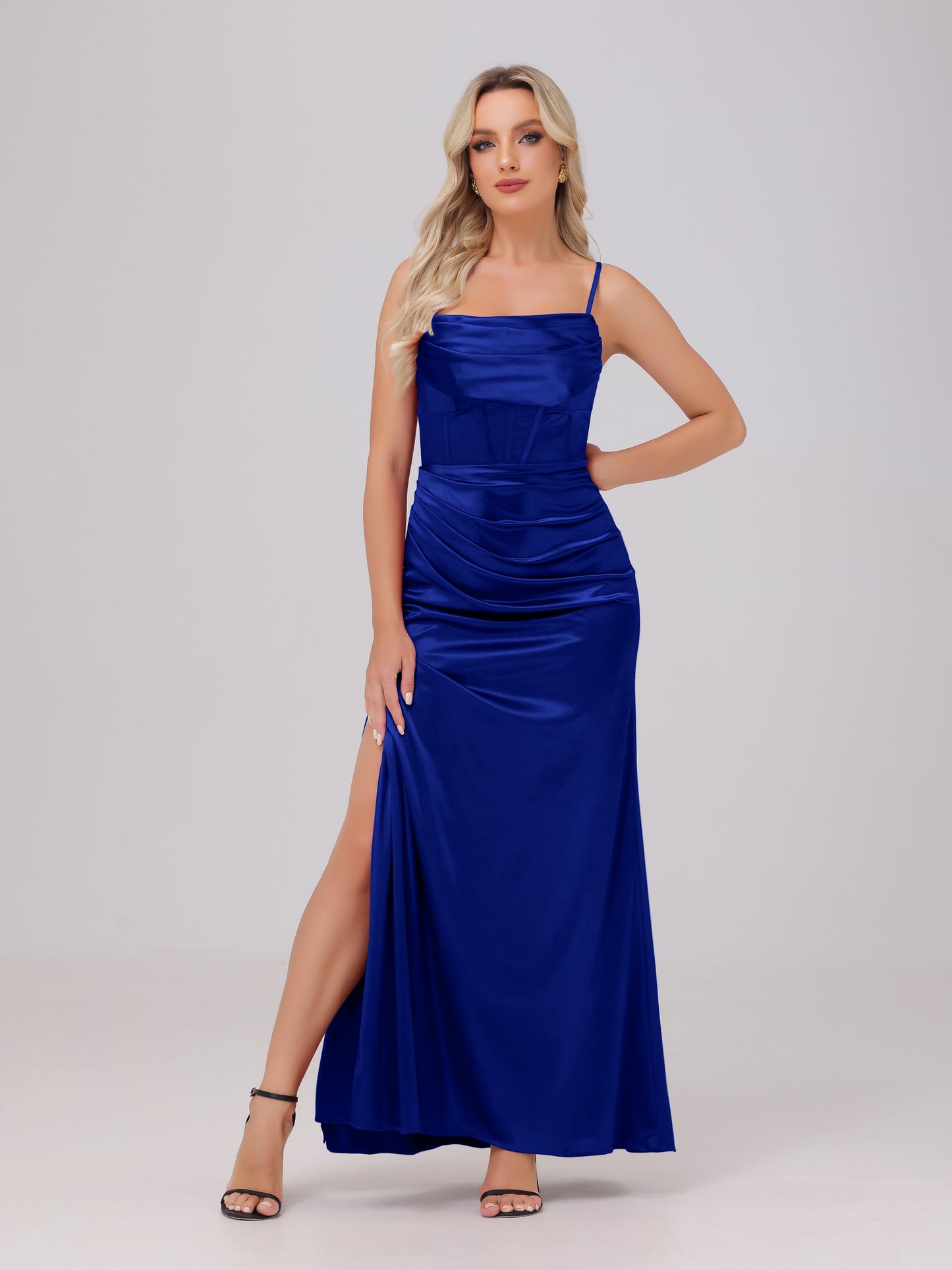 Spaghetti Straps Ruched Floor Length Stretch Satin Bridesmaid Dresses