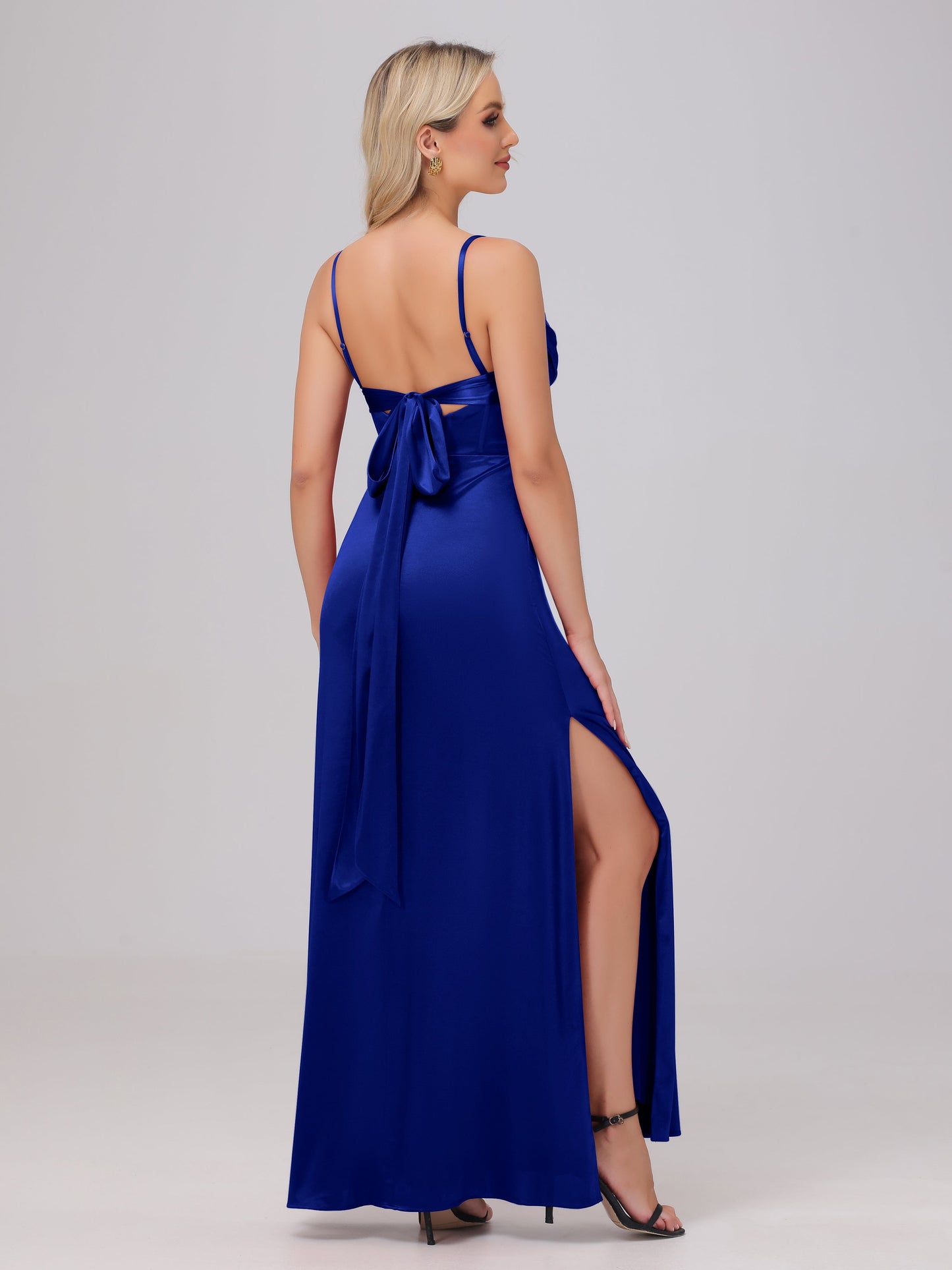 Spaghetti Straps Ruched Floor Length Stretch Satin Bridesmaid Dresses