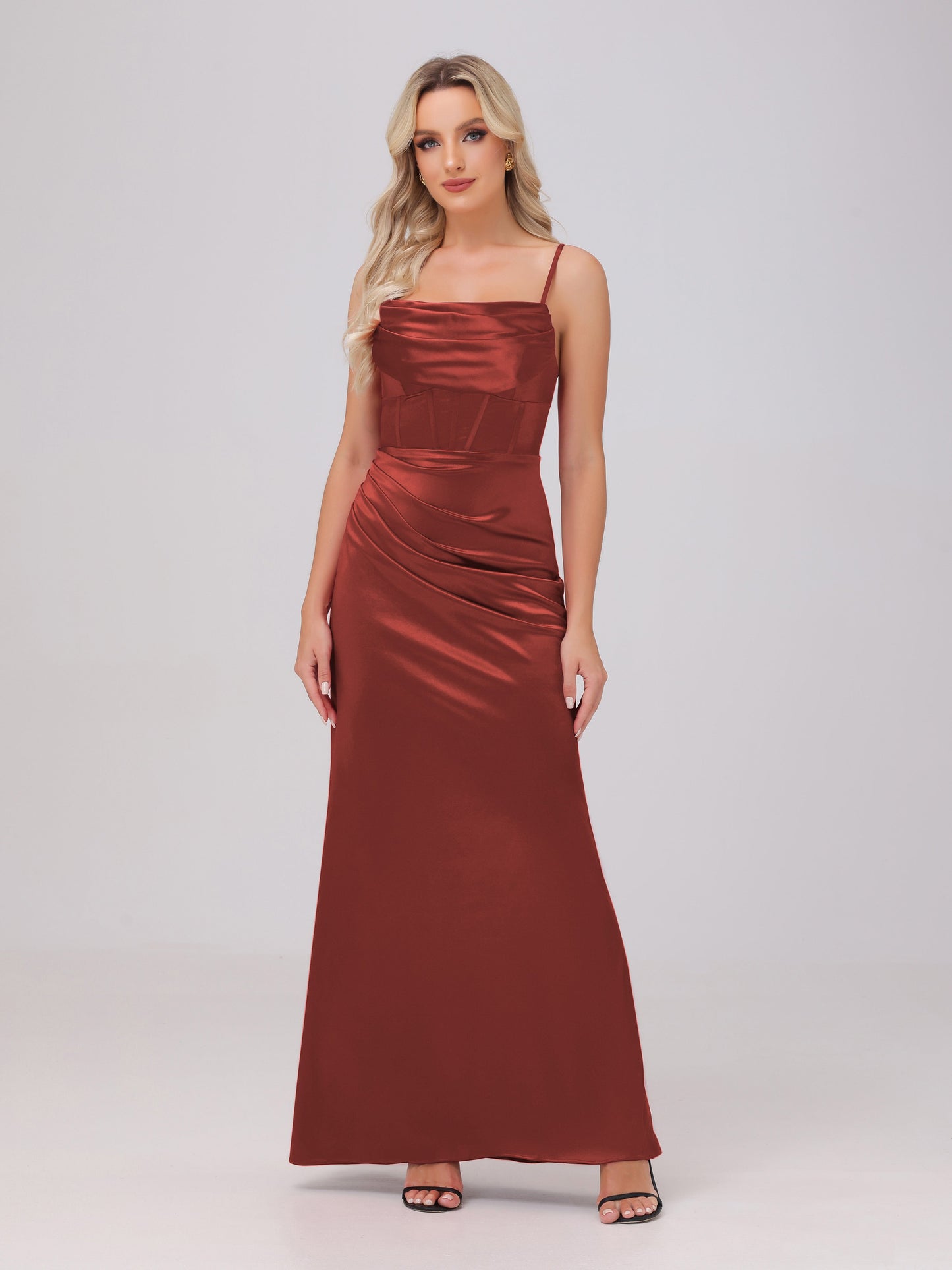Spaghetti Straps Ruched Floor Length Stretch Satin Bridesmaid Dresses
