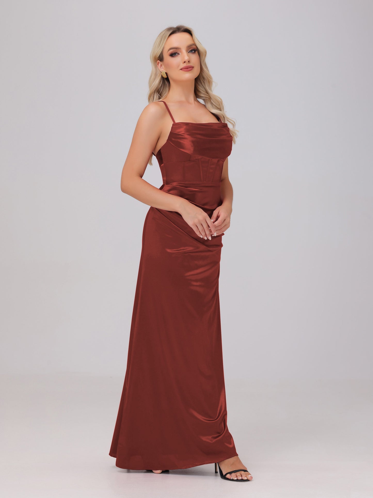 Spaghetti Straps Ruched Floor Length Stretch Satin Bridesmaid Dresses