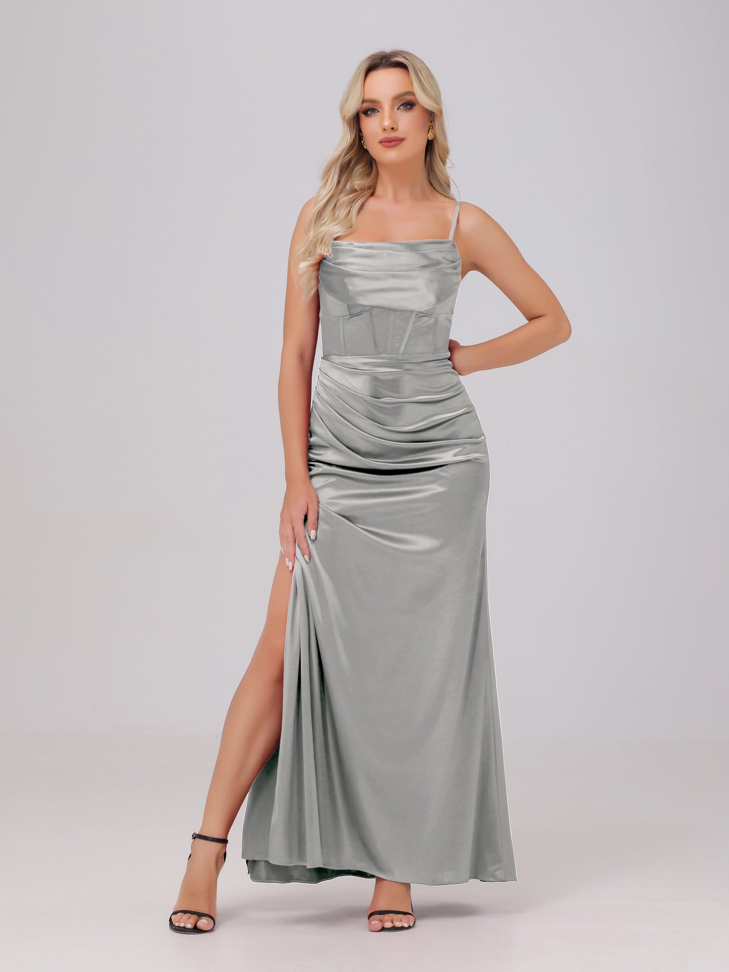 Spaghetti Straps Ruched Floor Length Stretch Satin Bridesmaid Dresses