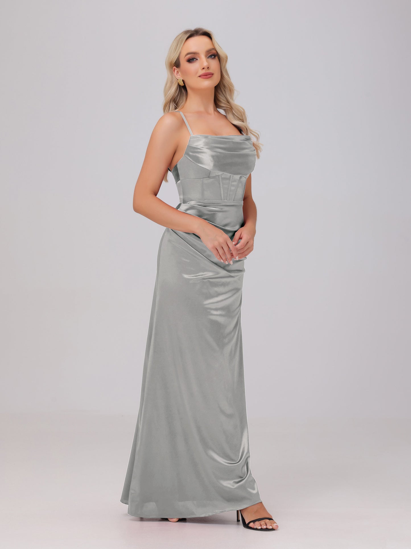 Spaghetti Straps Ruched Floor Length Stretch Satin Bridesmaid Dresses