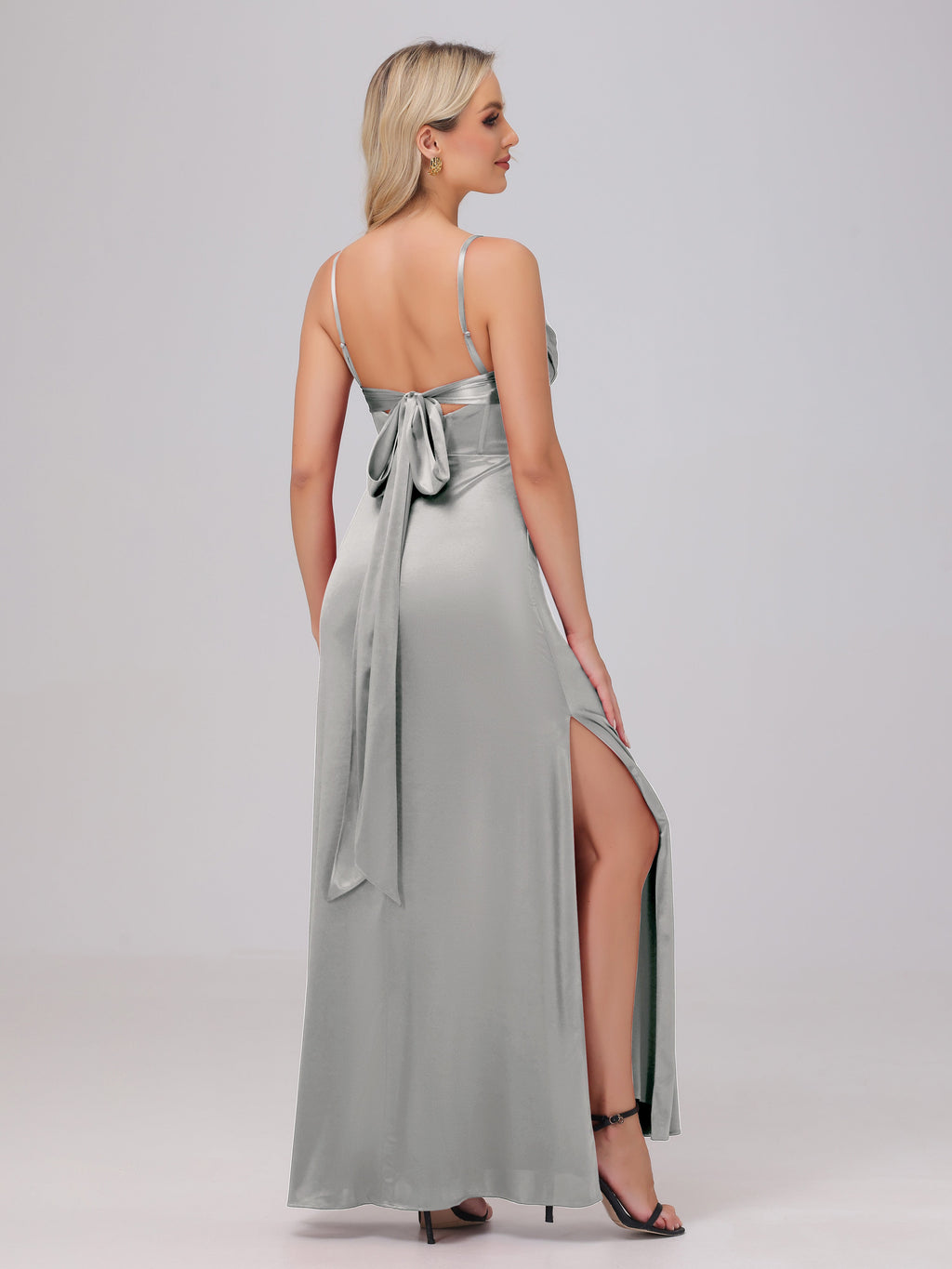 Spaghetti Straps Ruched Floor Length Stretch Satin Bridesmaid Dresses